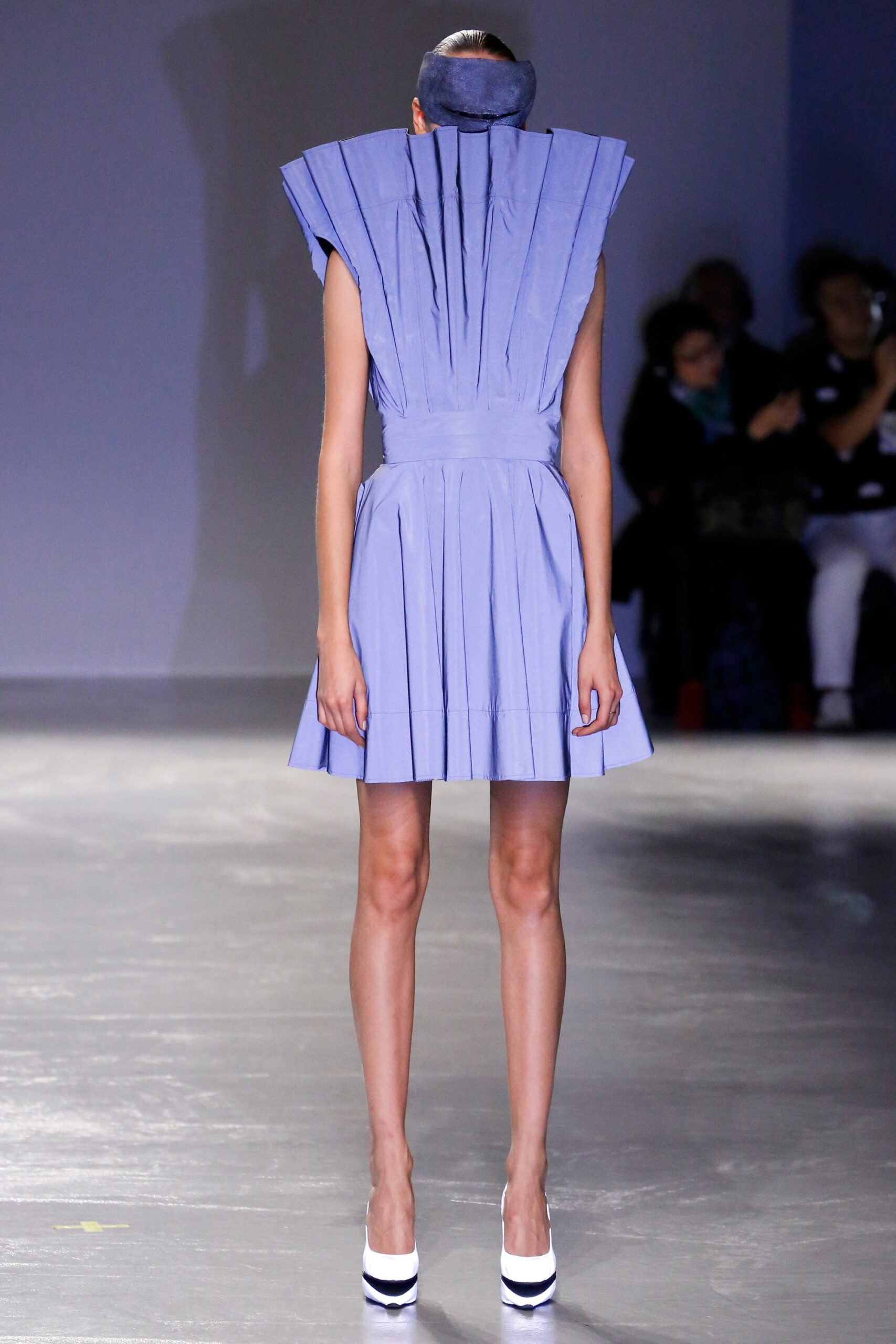 blue pleated sleeveless dress