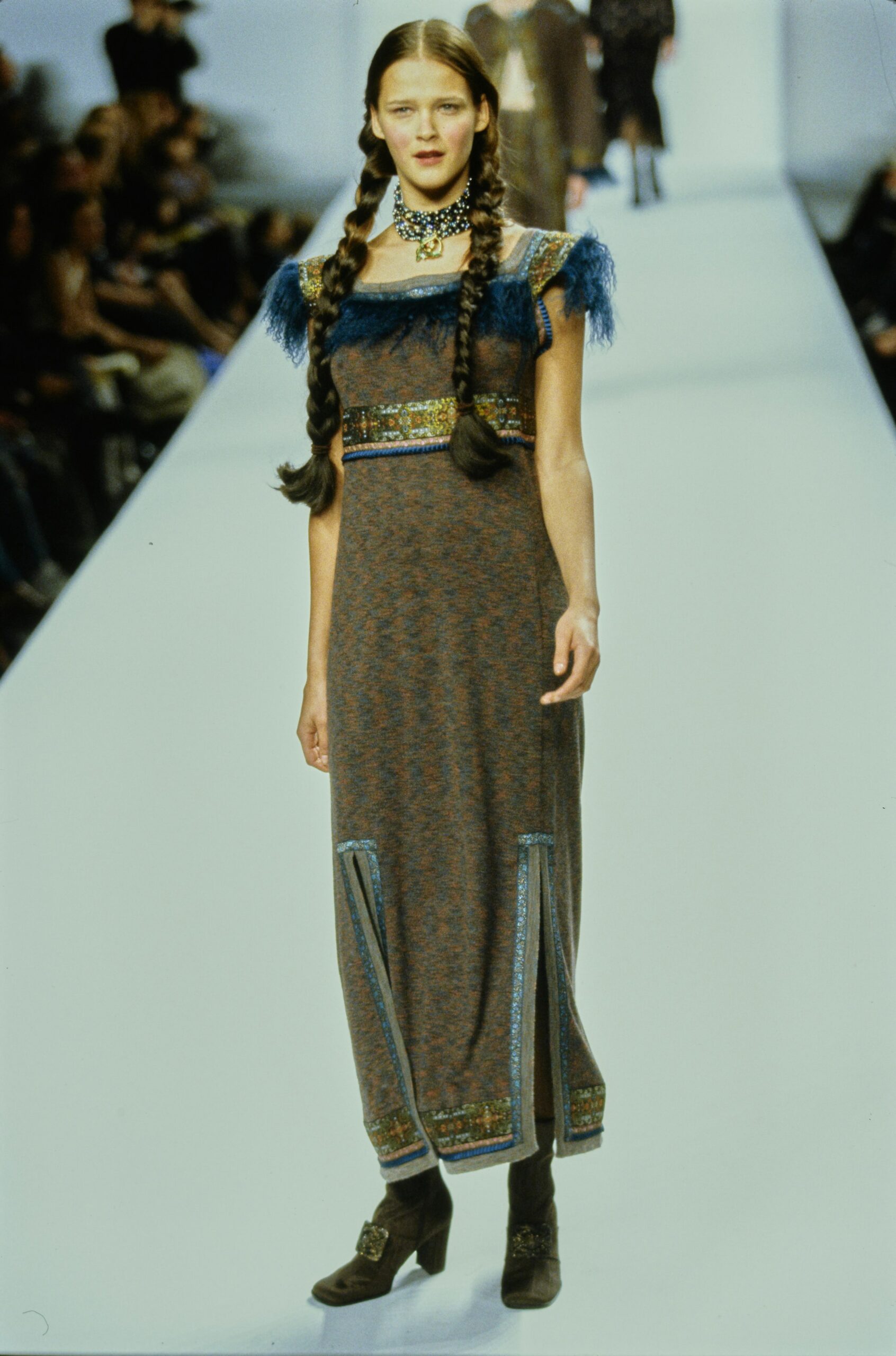 brown cotton sleeveless square-neck fitted tiered embroidered dress
