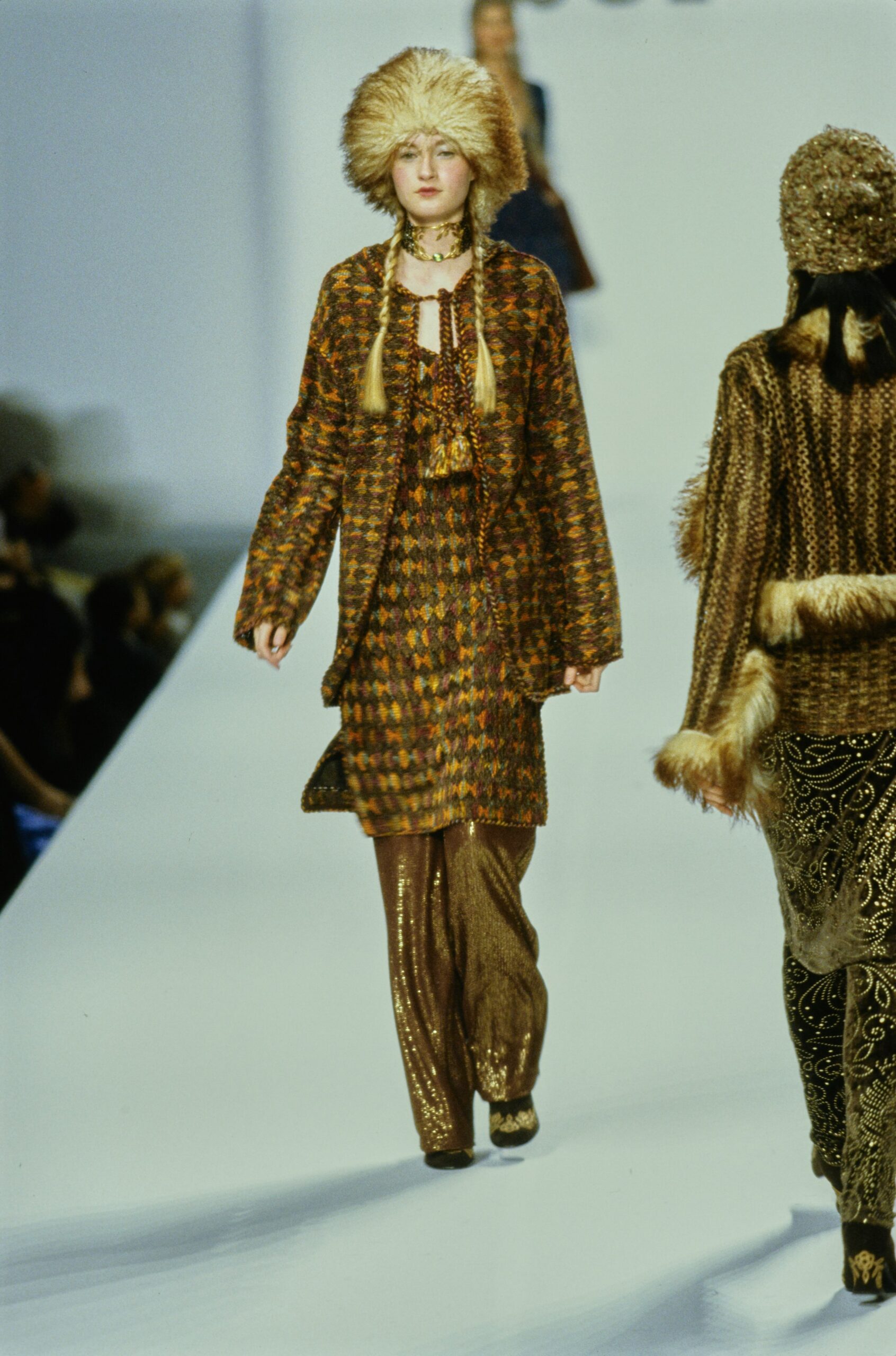 brown and gold printed dress with coat