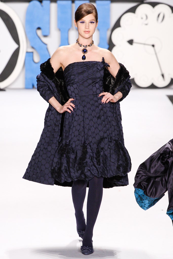 blue silk strapless dress with black fur coat