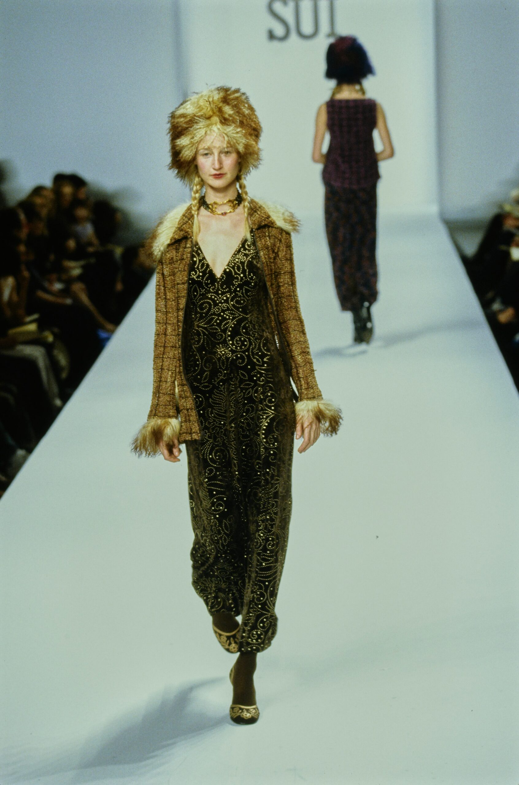 brown velvet long-sleeve v-neck fitted flared jumpsuit