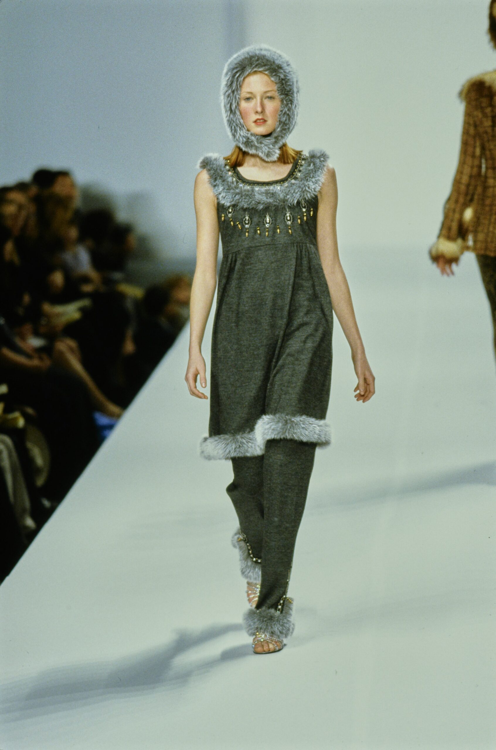 gray faux-fur fringed hat