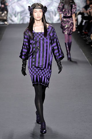 purple silk long-sleeve off-shoulder relaxed striped checked dress