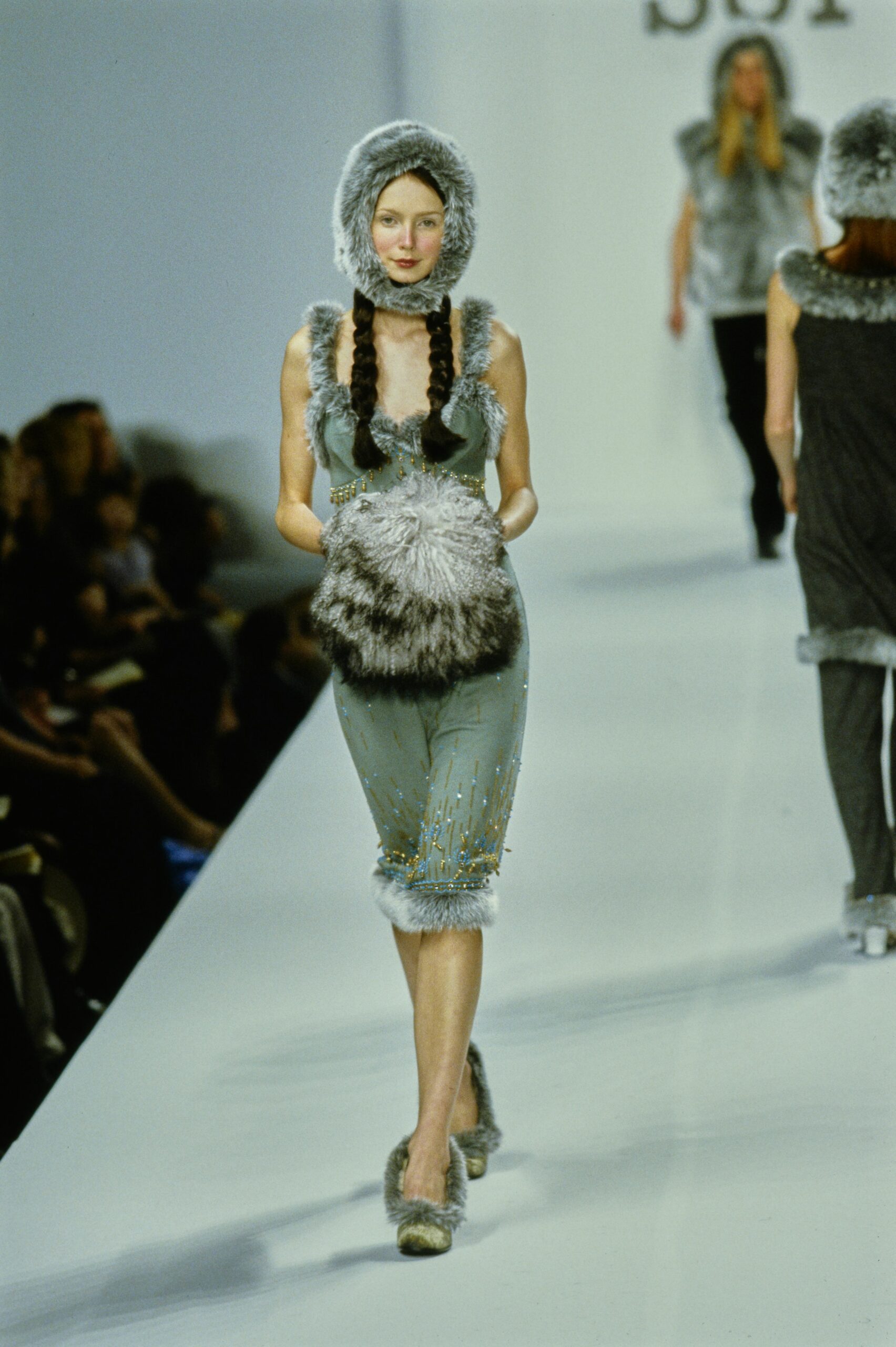 gray fur sleeveless v-neck fitted beaded tiered dress