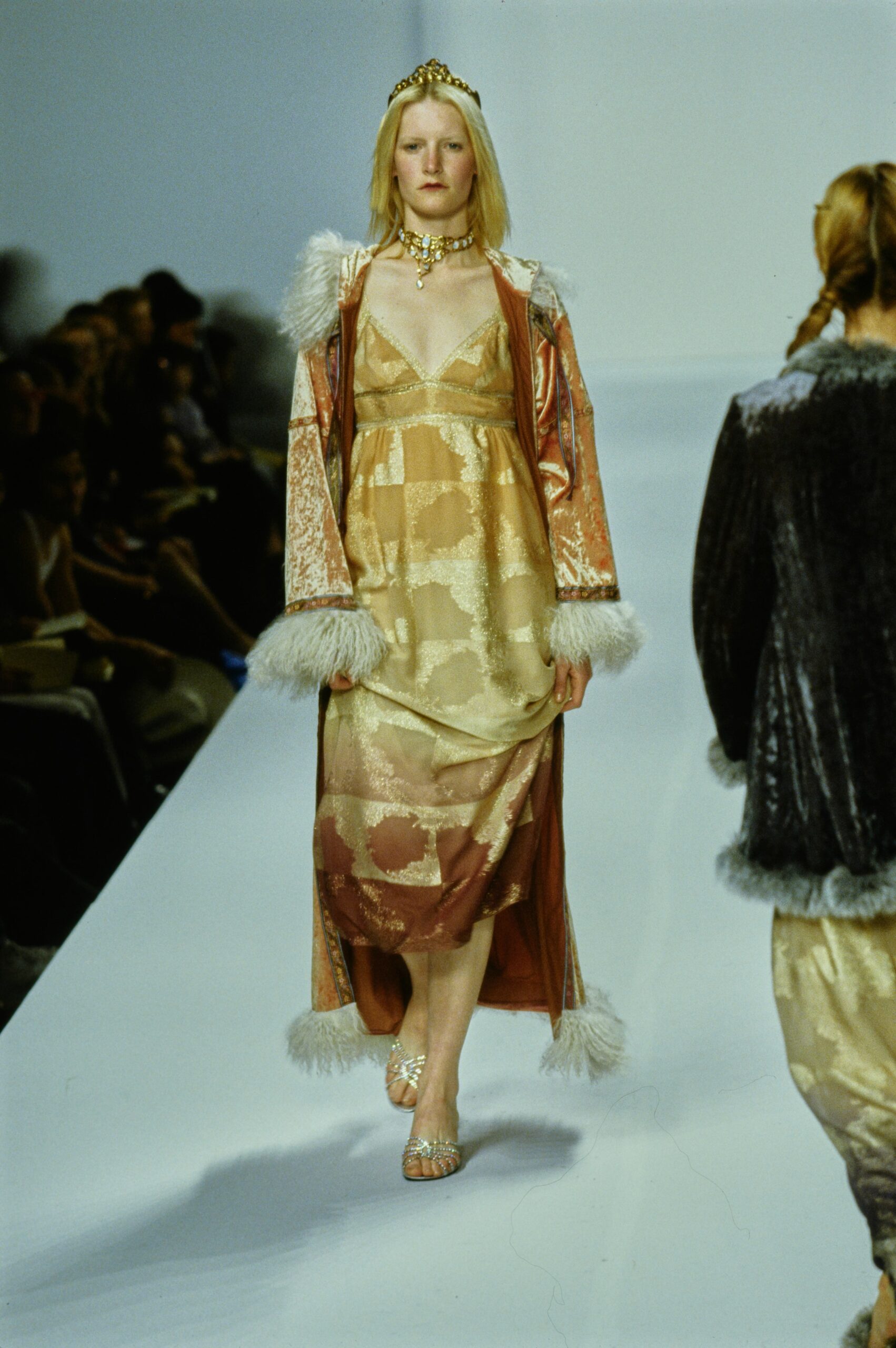 gold silk long-sleeve relaxed draped flowing maxi coat