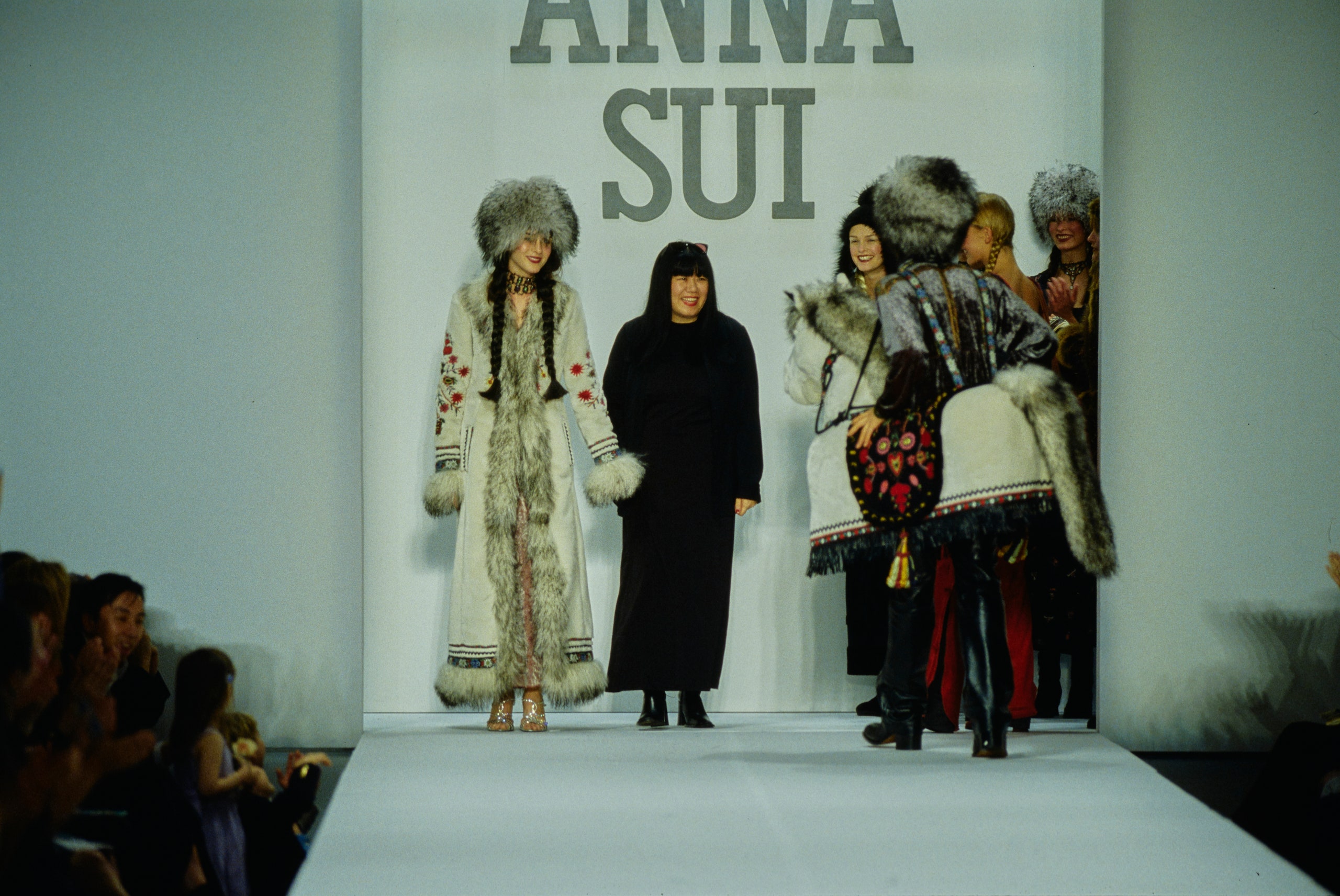 white fur long-sleeve collared relaxed embroidered layered coat