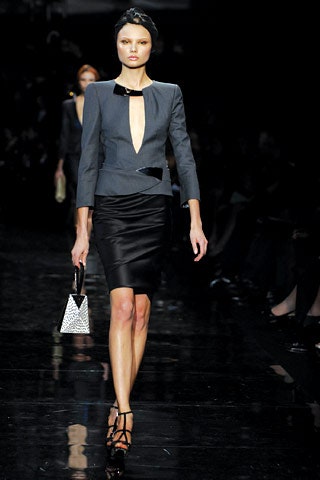 gray tailored blazer with black pencil skirt