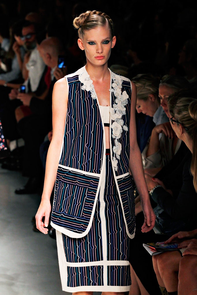 blue cotton sleeveless collared fitted striped embroidered vest