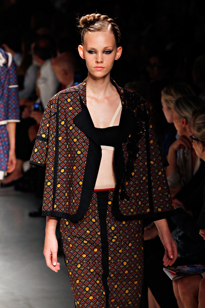 printed black multi blazer and skirt