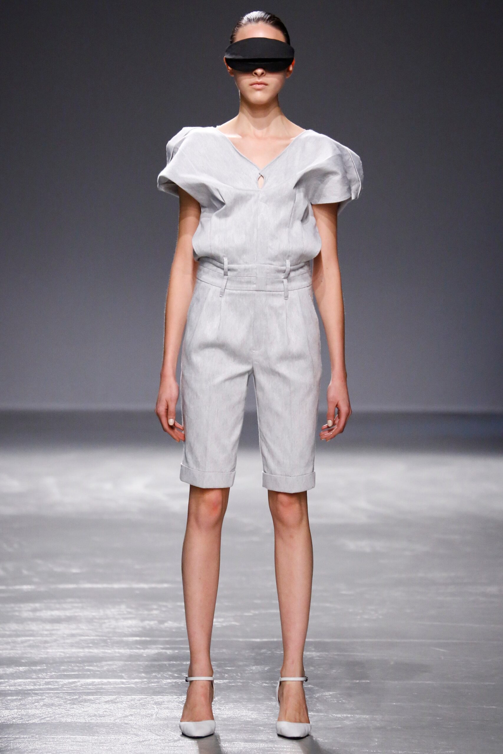 gray fitted short-sleeve jumpsuit