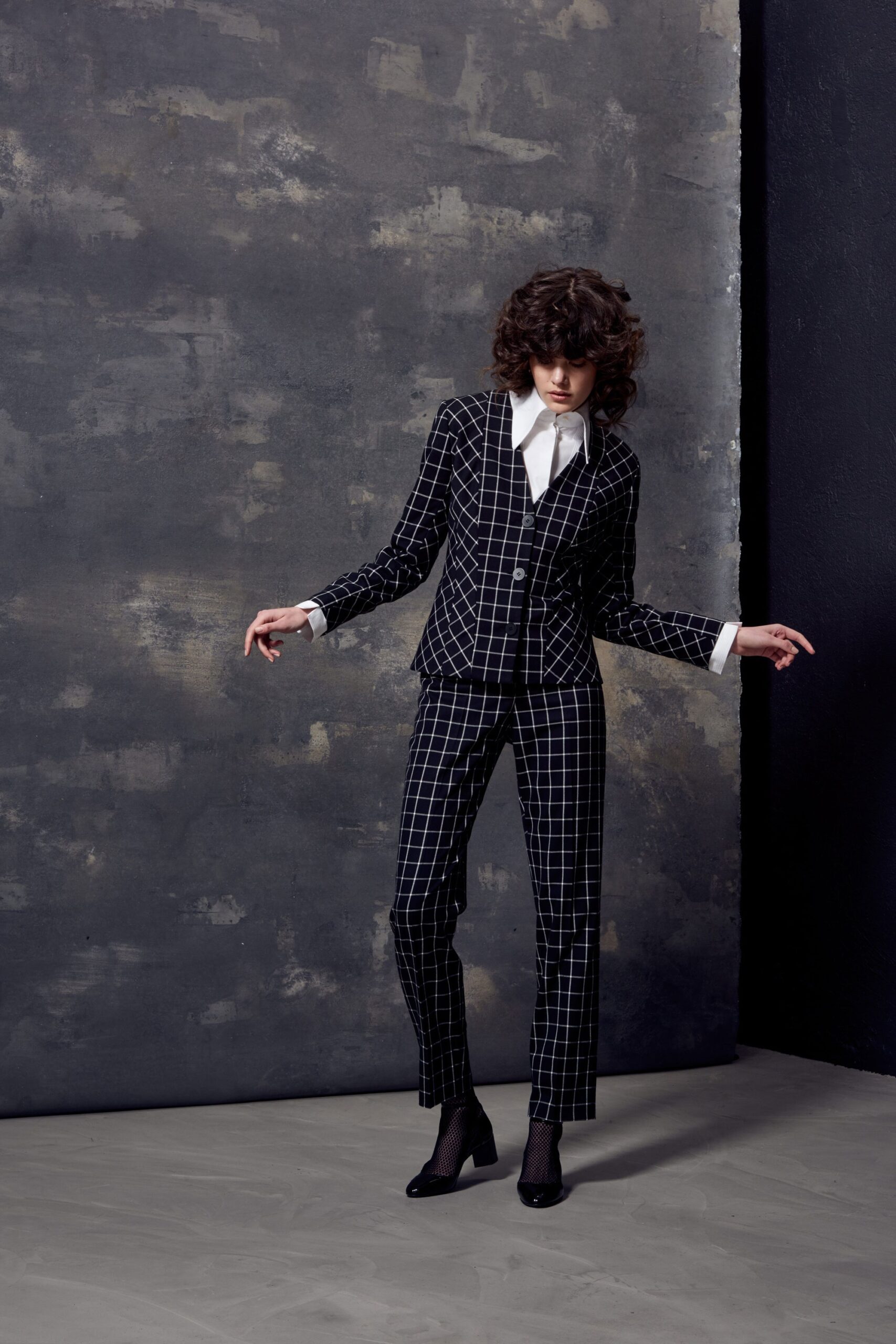 black and white checked suit