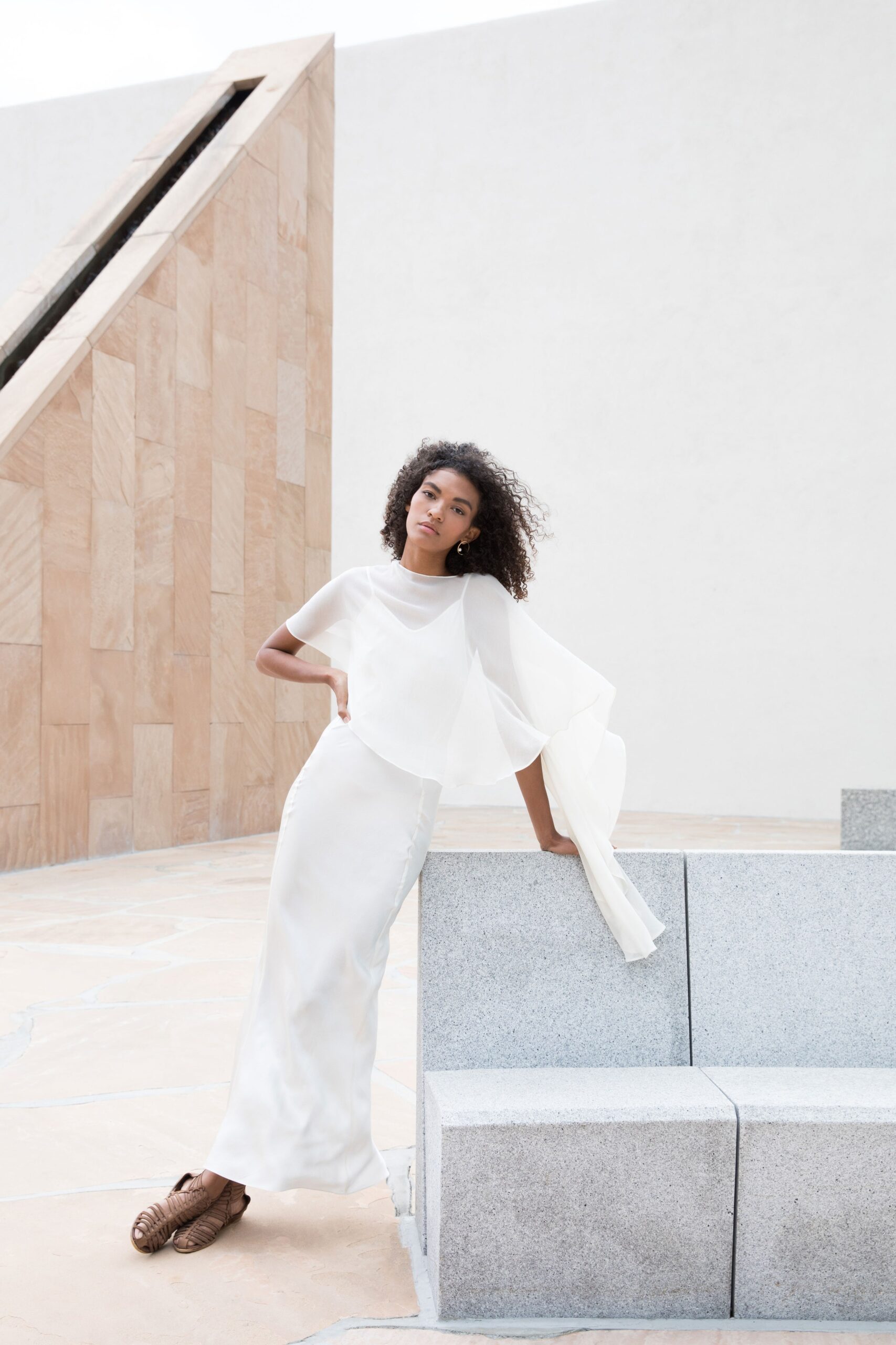 white silk draped midi dress