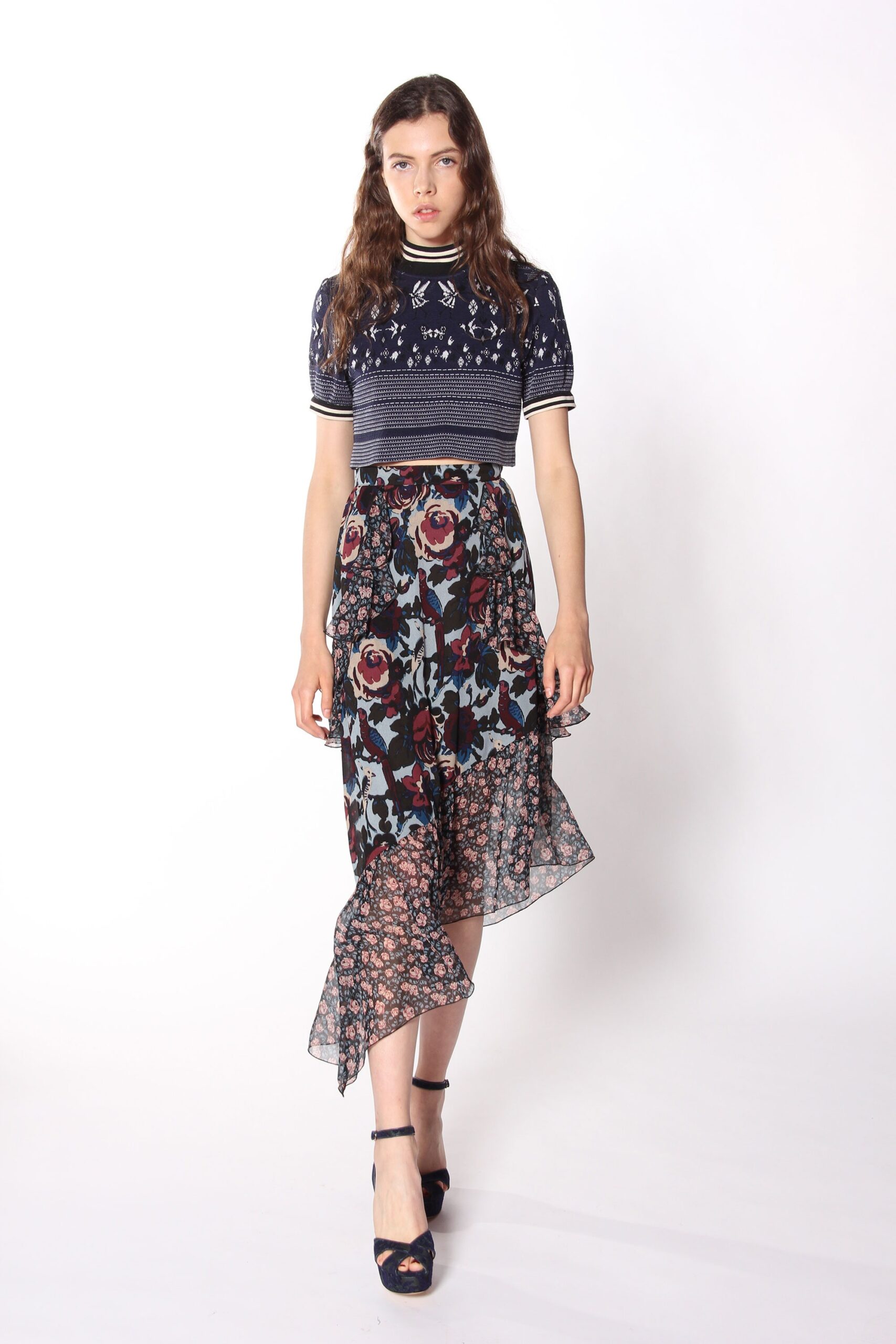 blue chiffon asymmetric relaxed flared flowing midi skirt