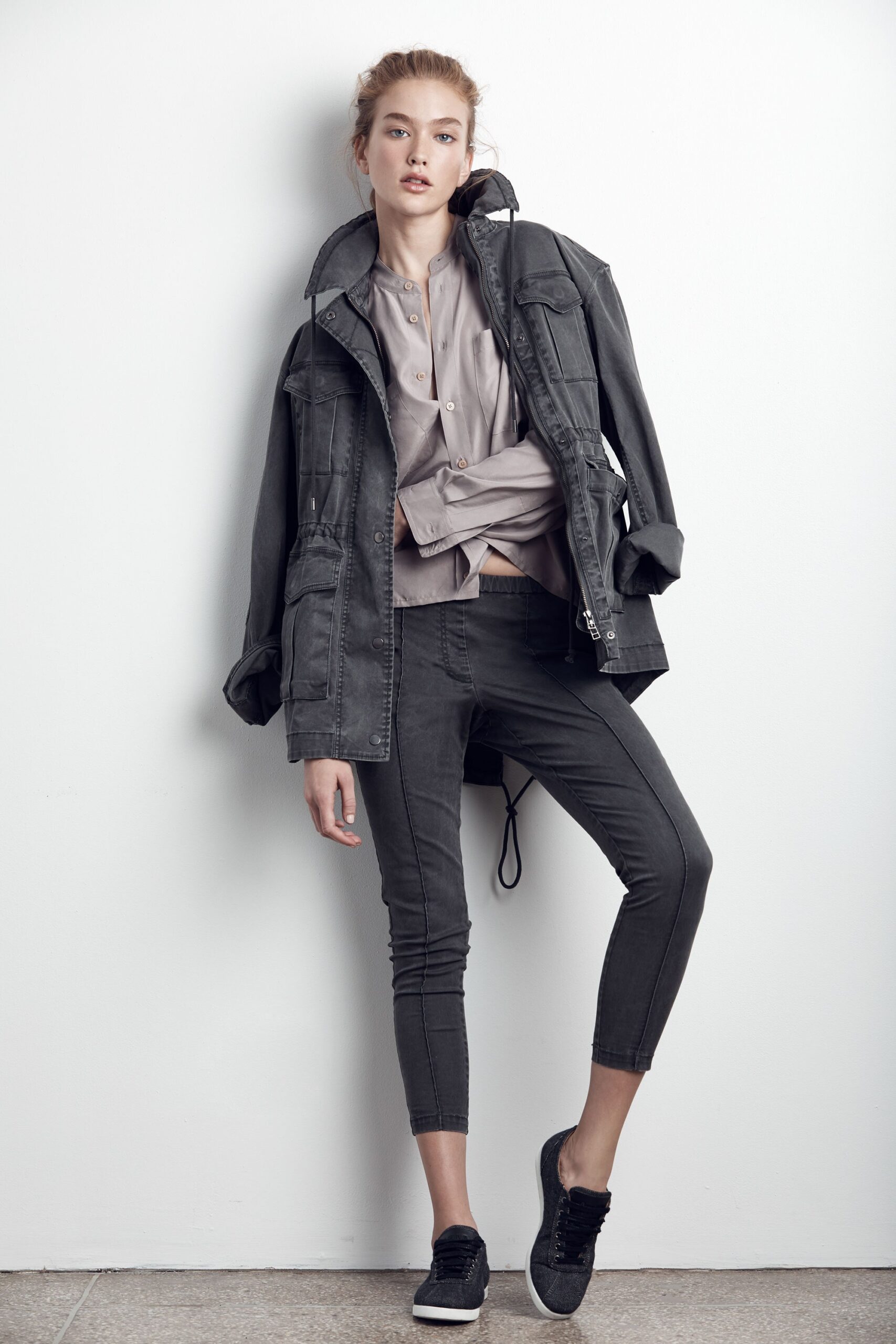 gray denim jacket with beige shirt