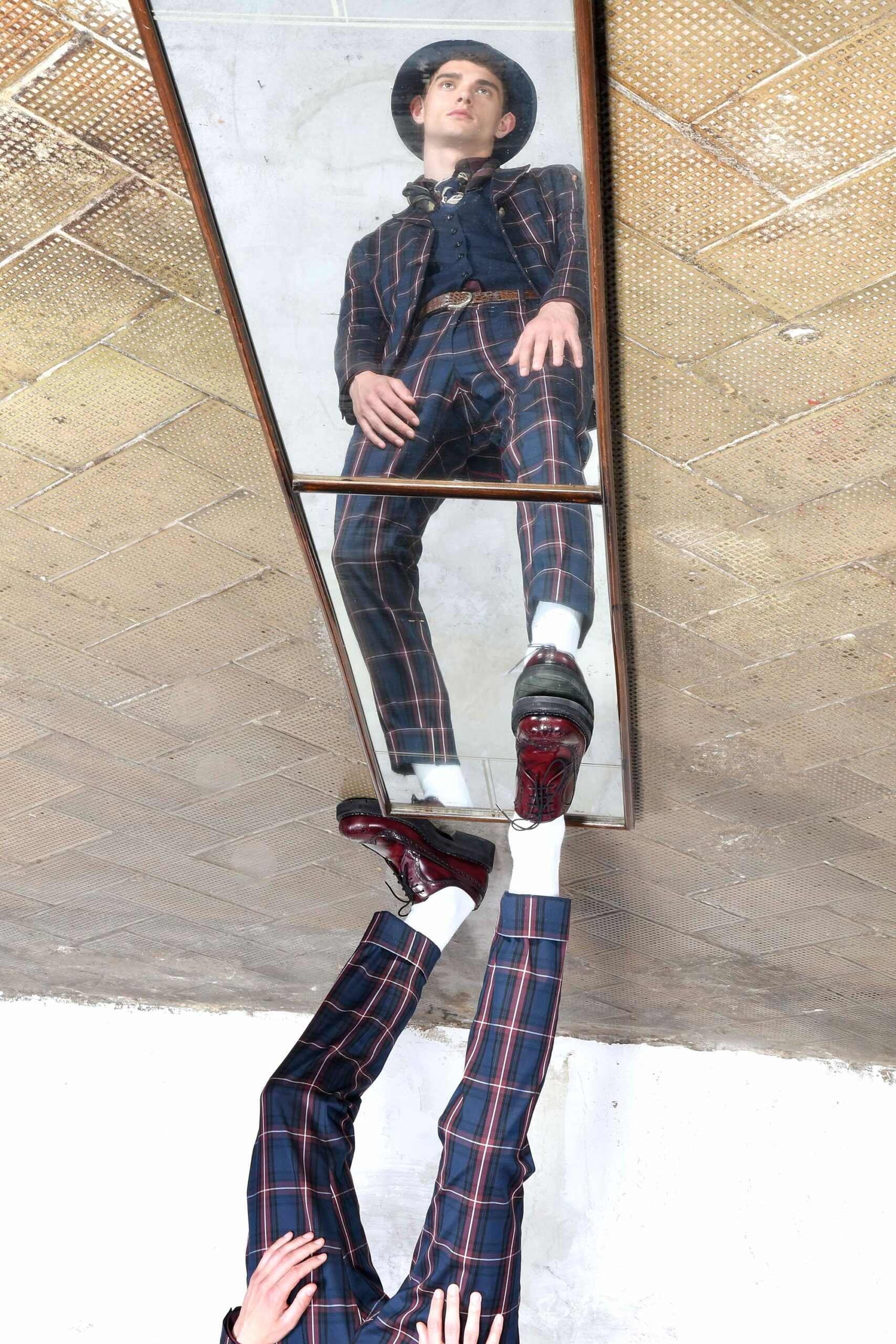 blue and red checked suit
