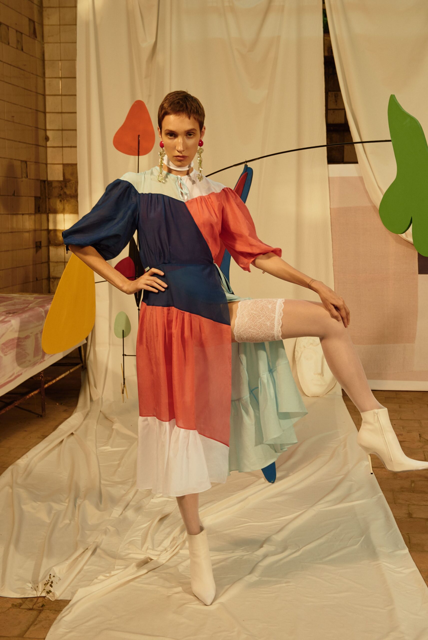 color-blocked midi dress with white shoes