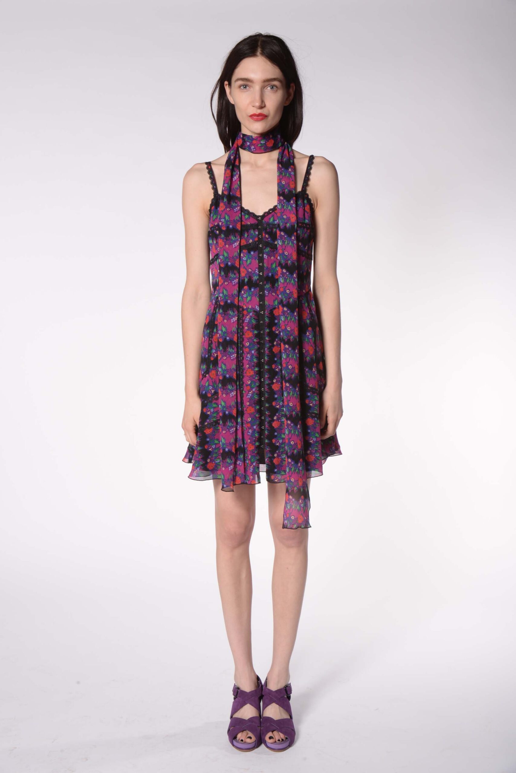 purple pink printed flared dress