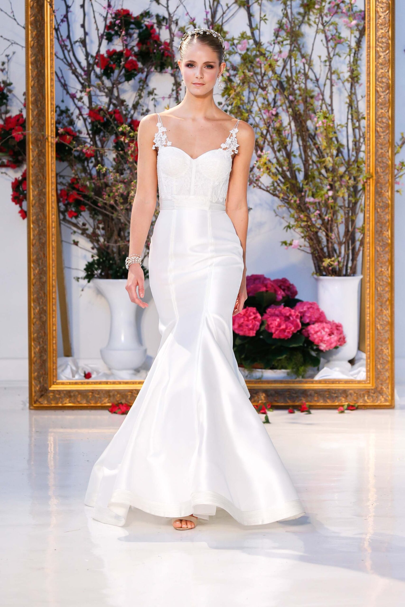 fitted white silk gown