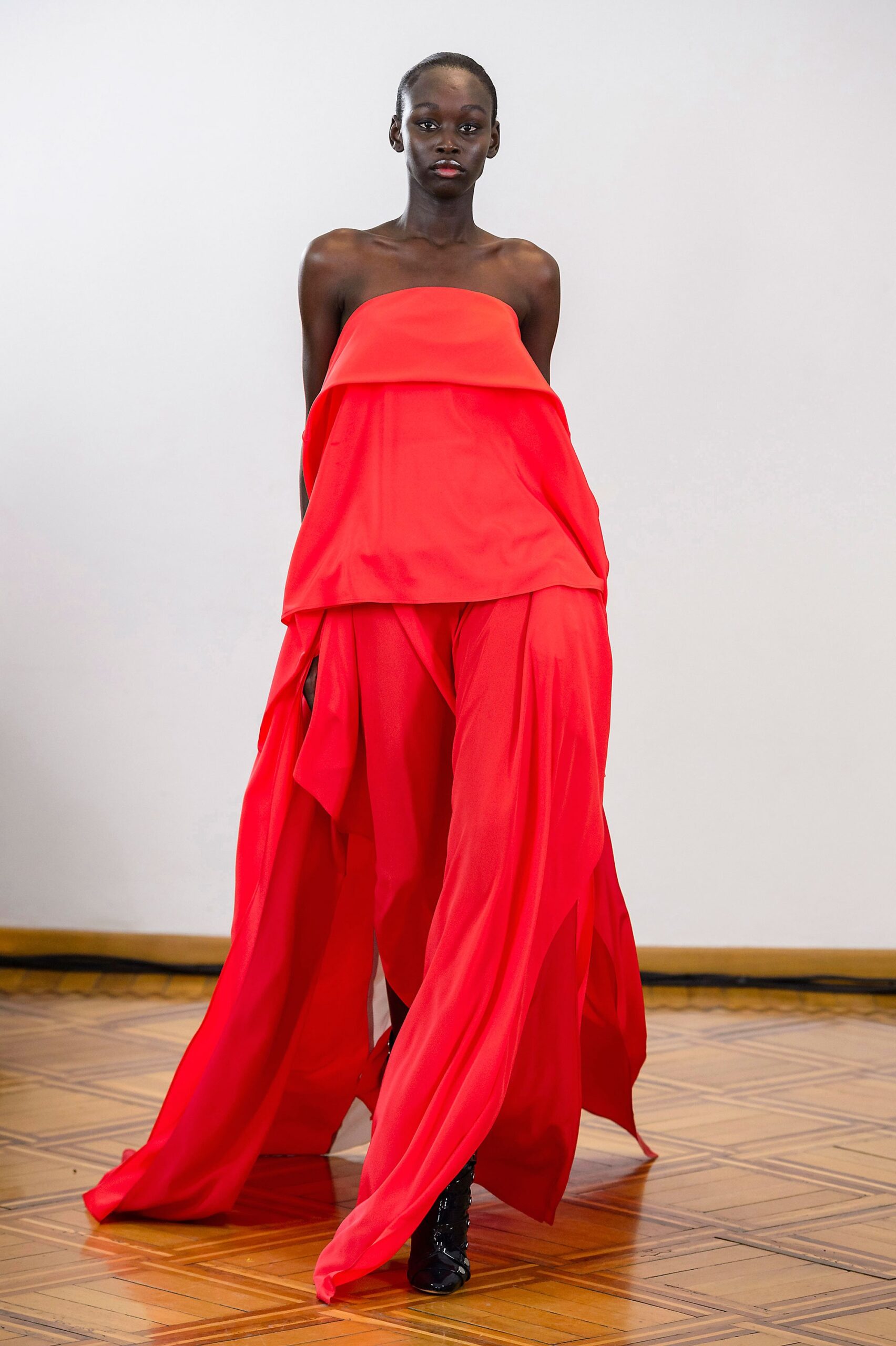 red chiffon strapless top and pants