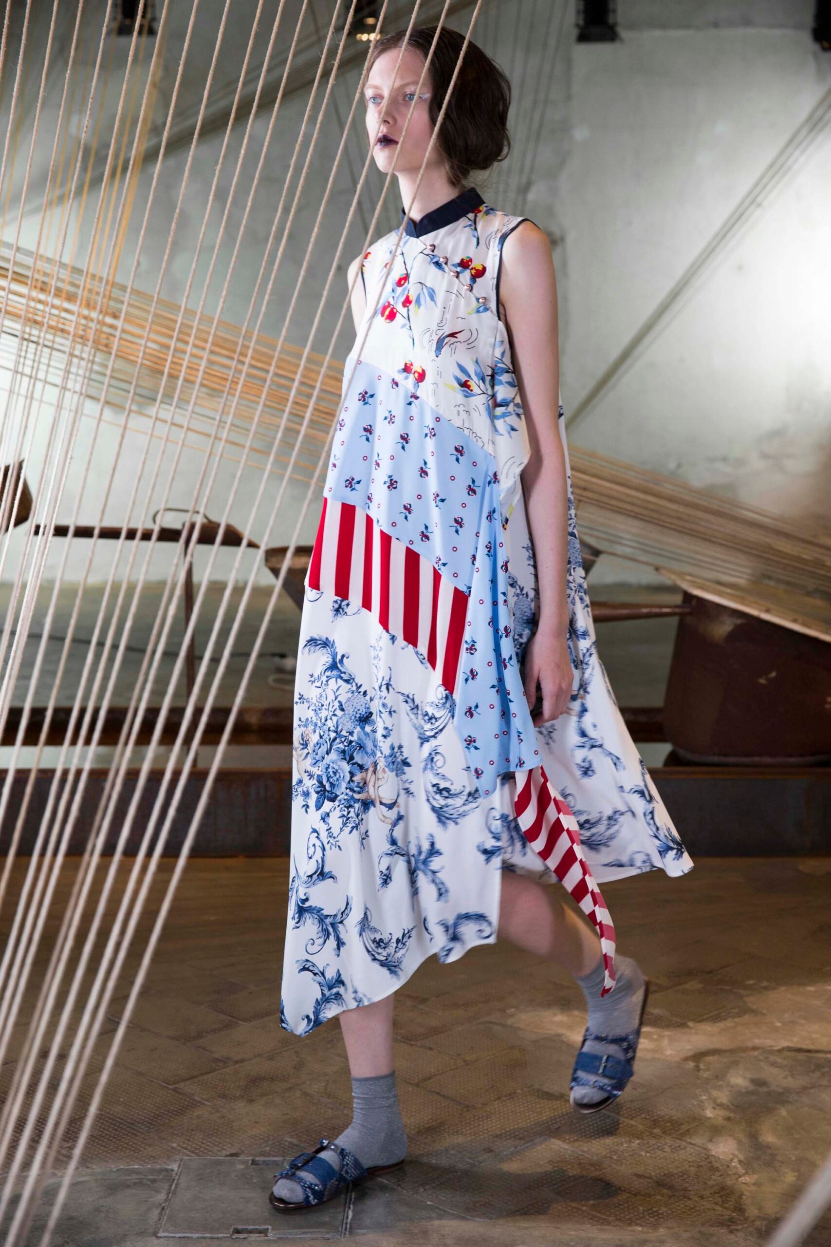 blue and white printed midi dress