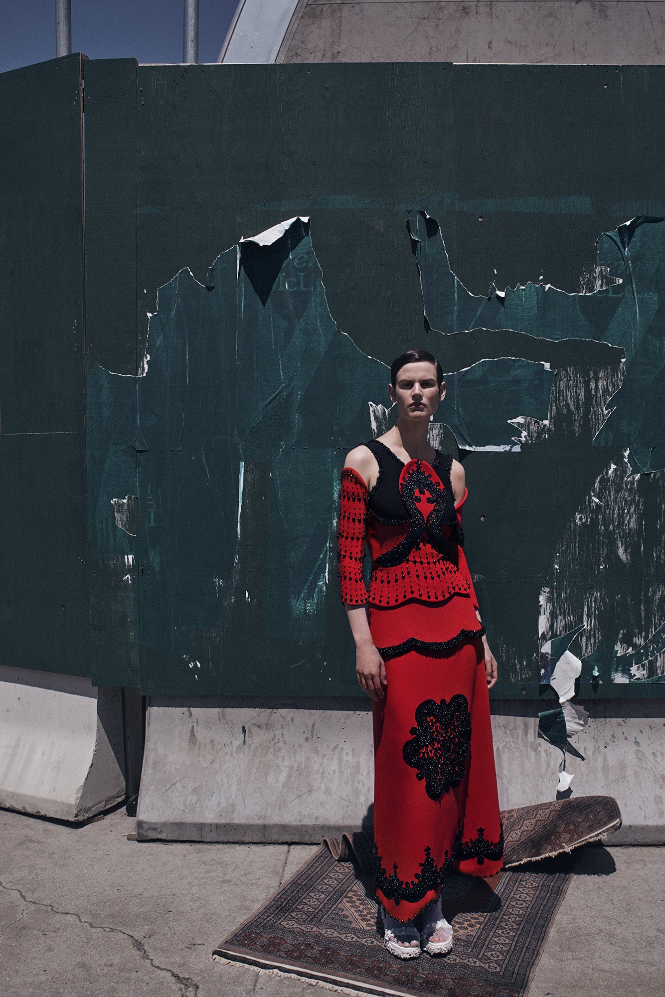 red and black embroidered midi dress