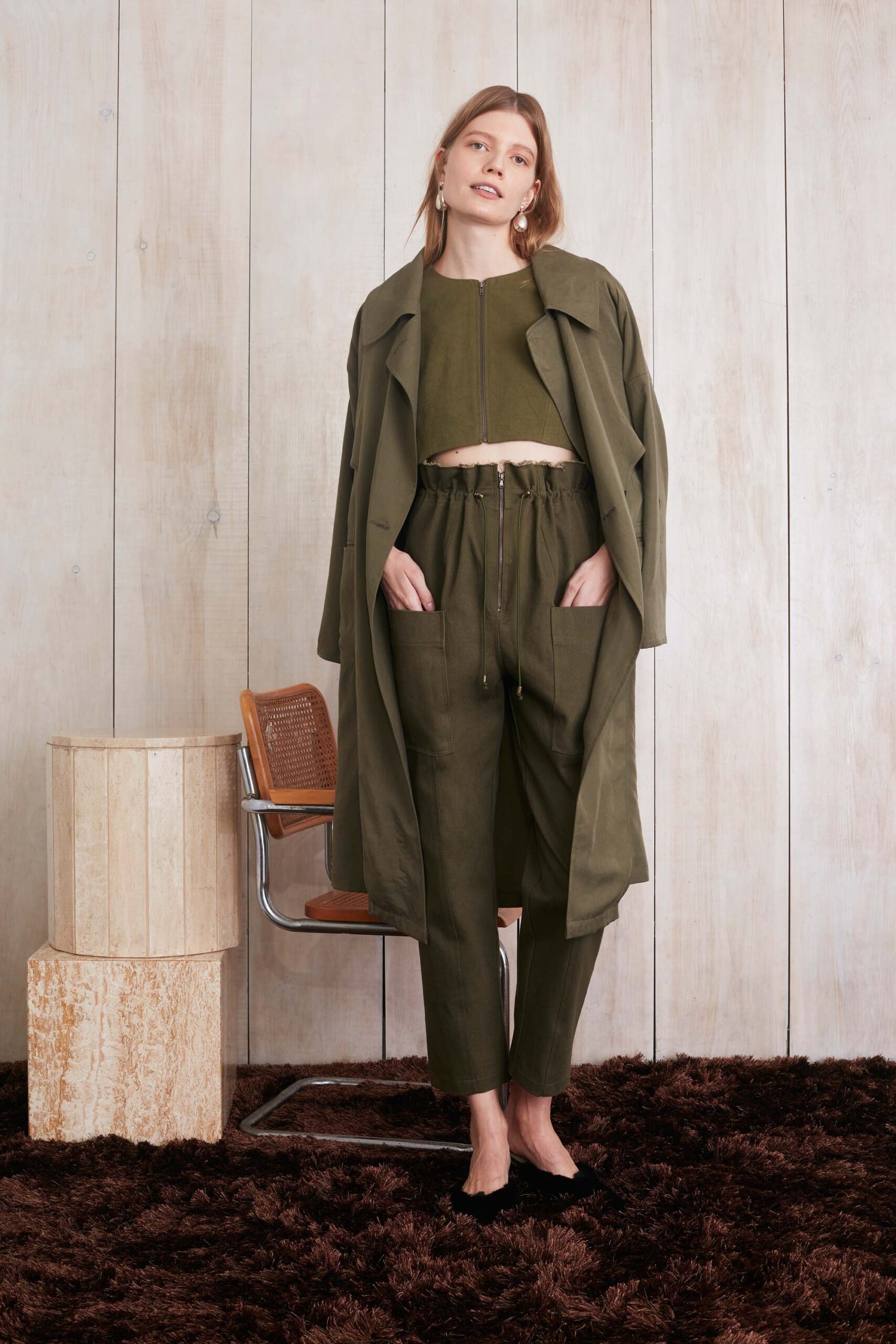 green relaxed coat and fitted top