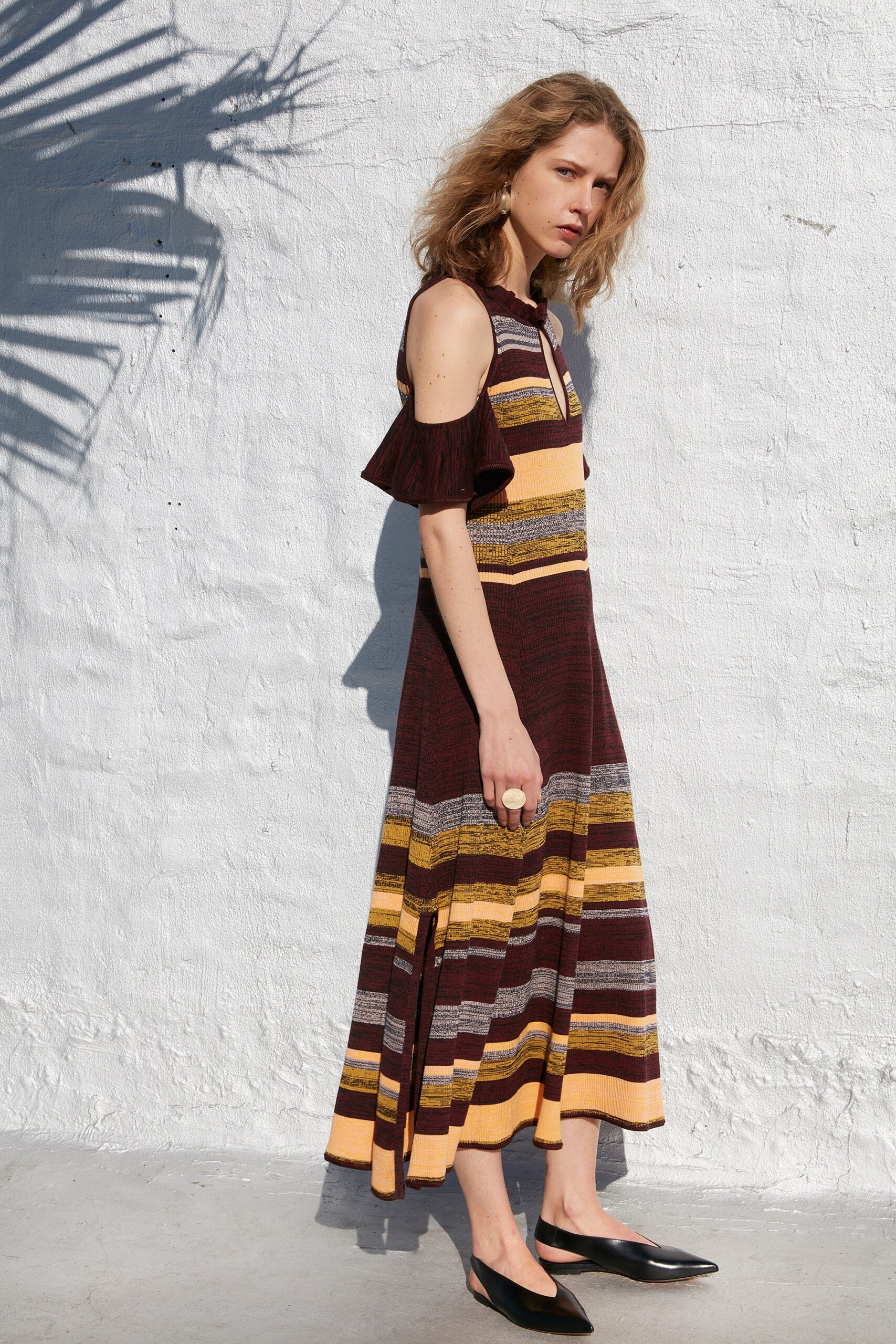 brown striped midi dress