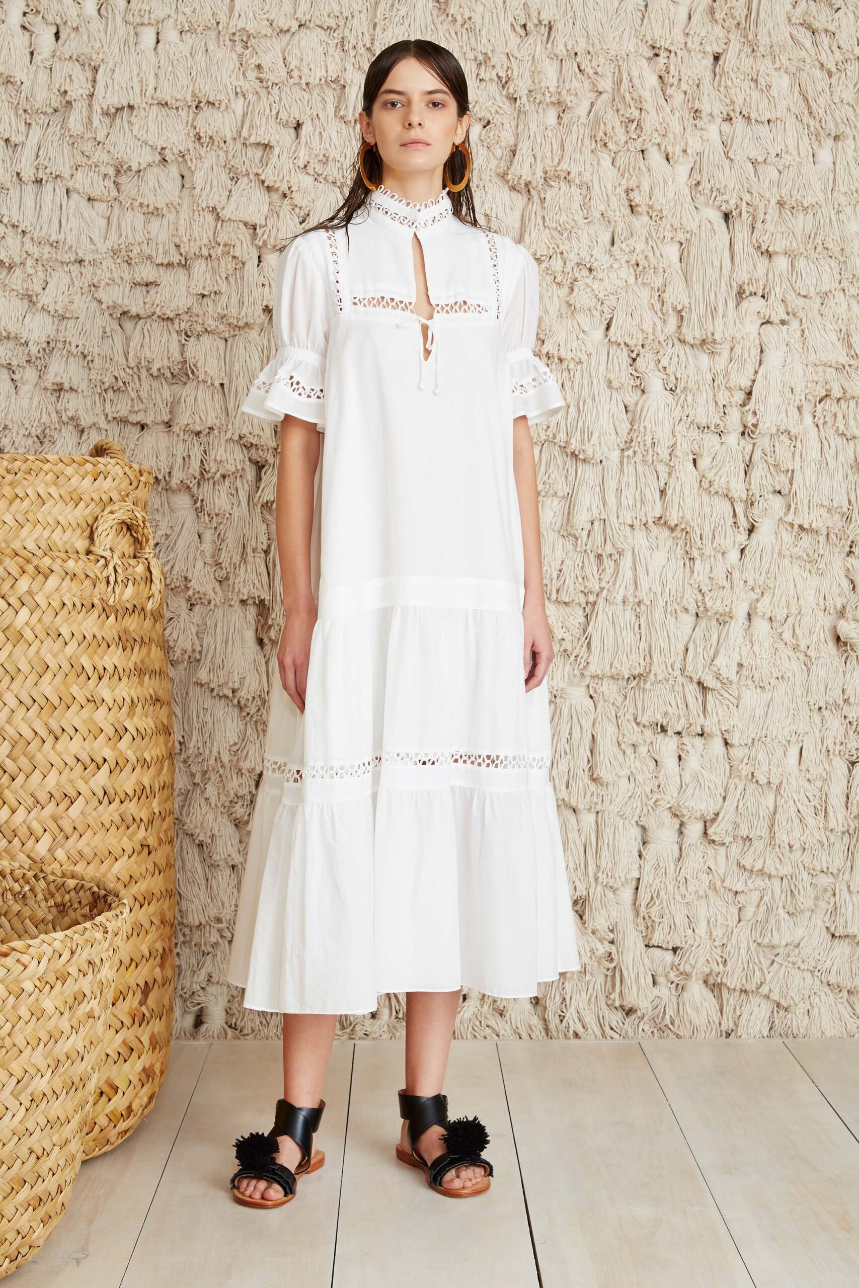 white relaxed midi dress with black shoes