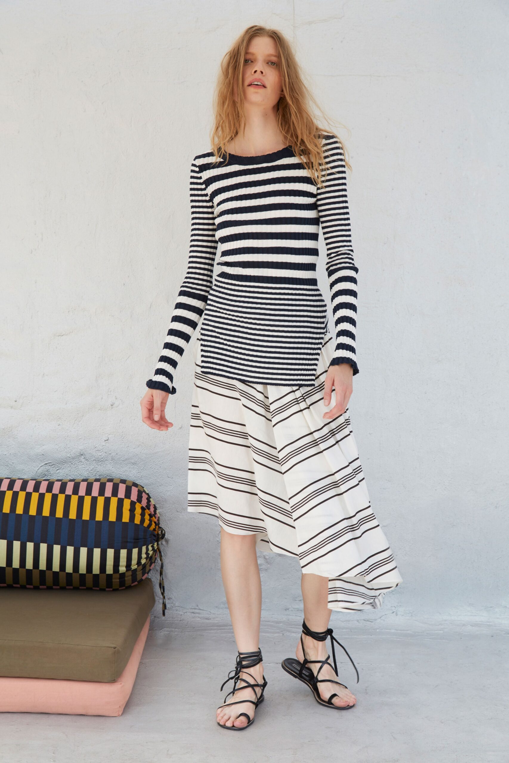 striped top and asymmetric skirt