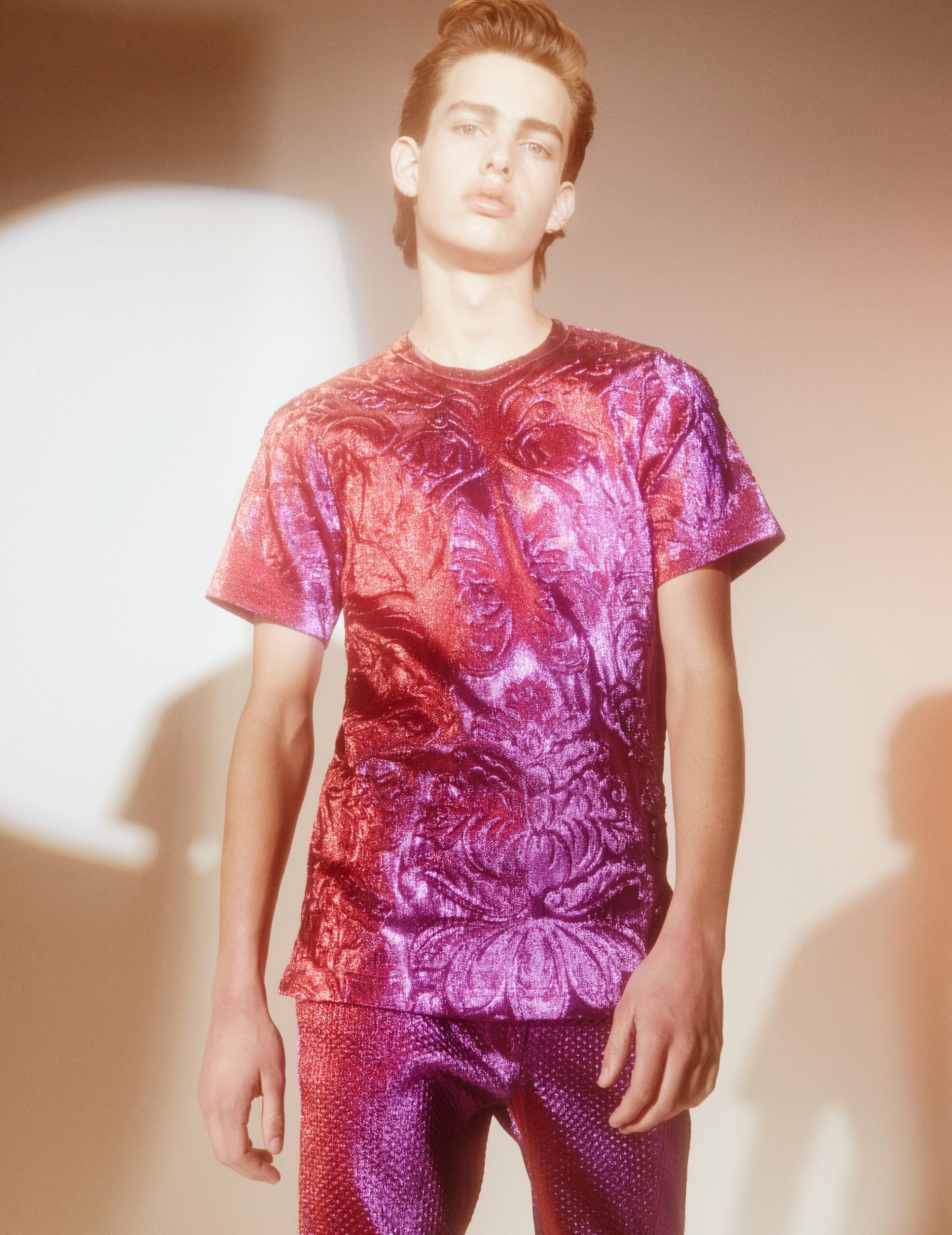 shiny purple silk t-shirt and pants