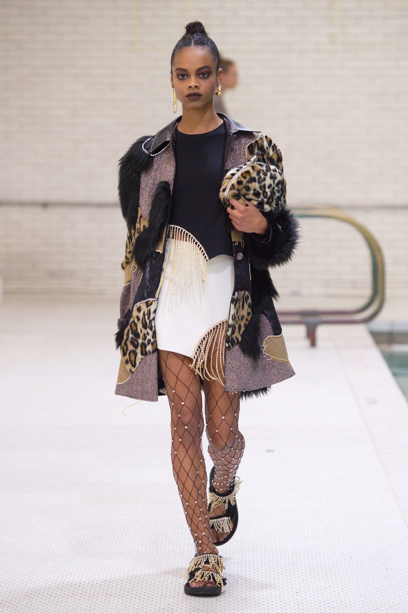 multi fur long-sleeve collared relaxed fringed layered coat