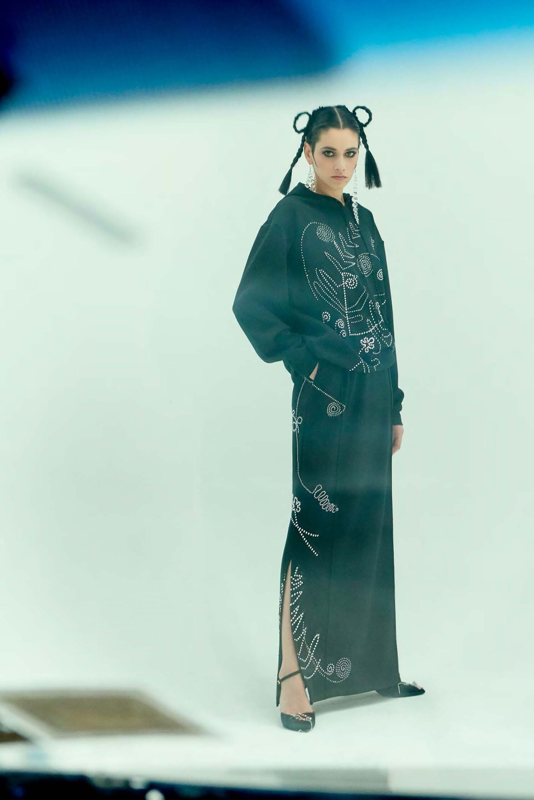 black embroidered midi dress and hoodie