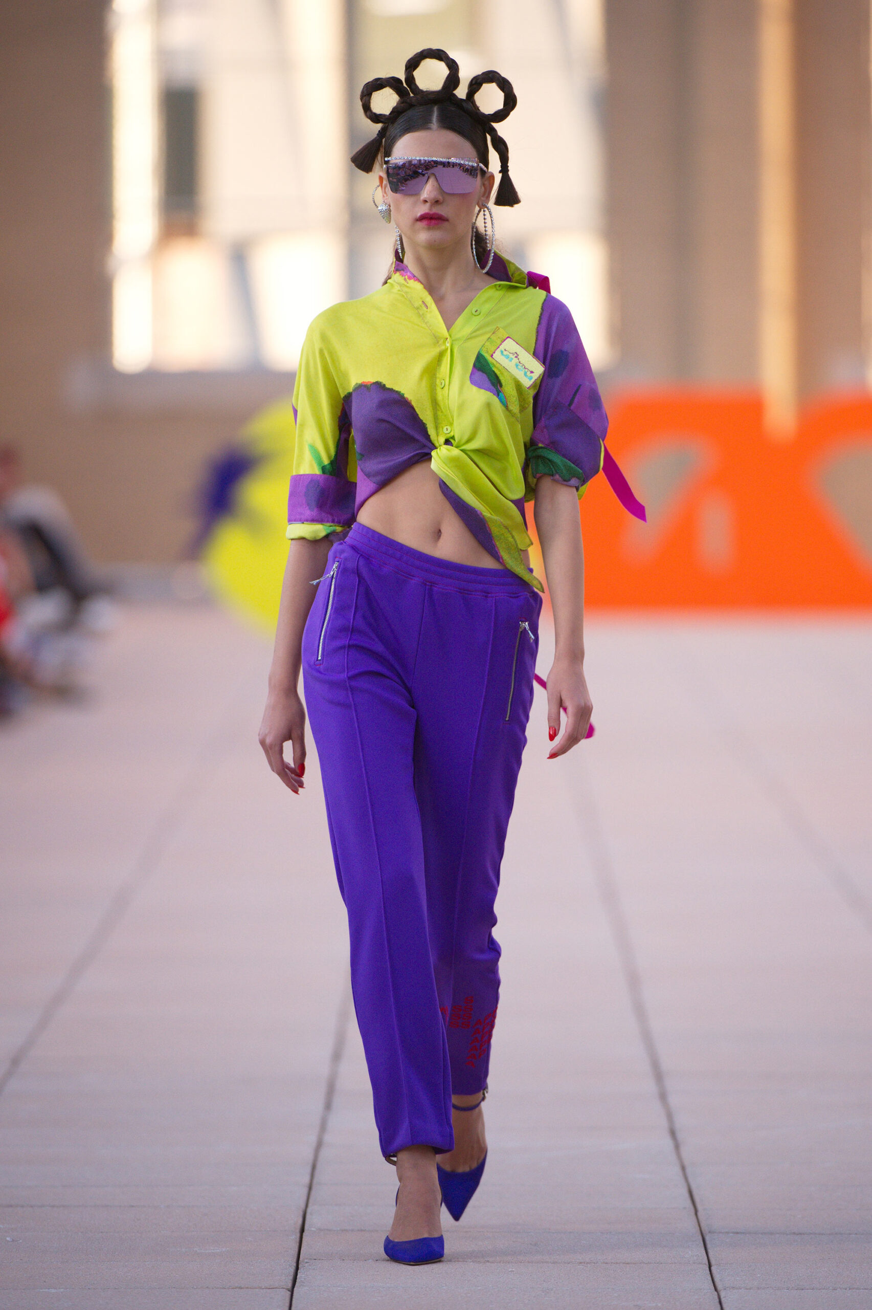 fitted yellow purple shirt and pants