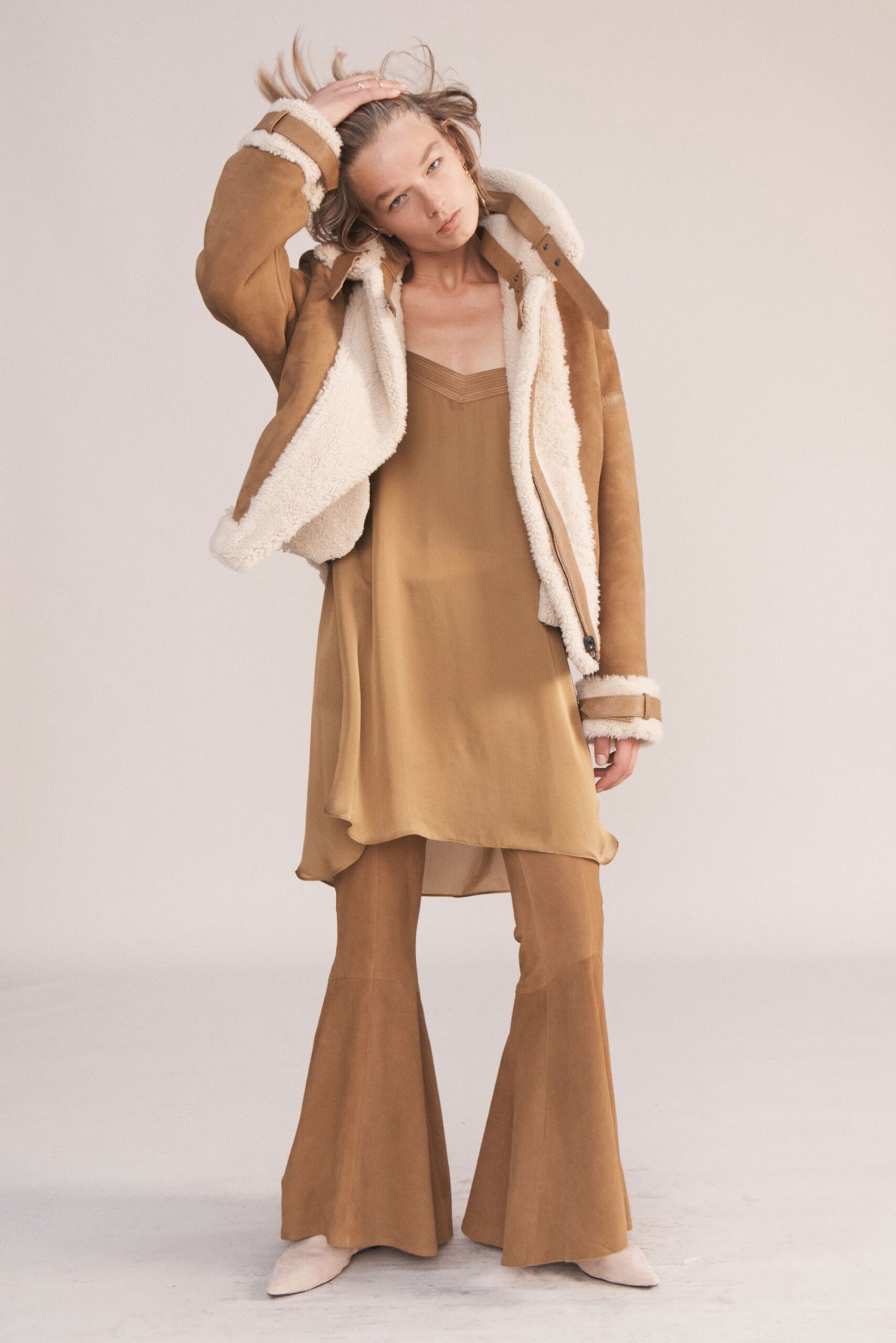 brown suede fitted flared pants
