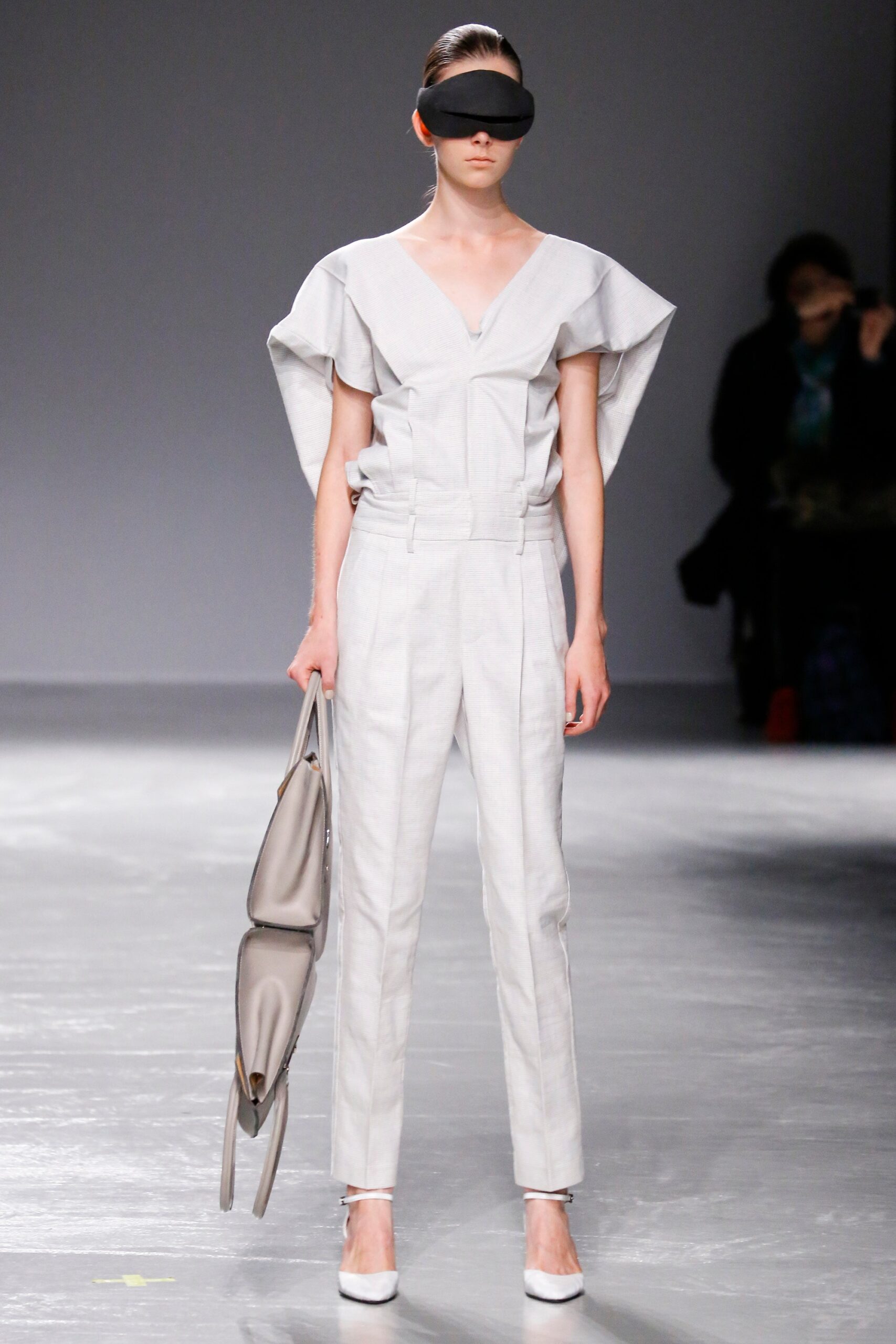gray cotton jumpsuit with structured pants