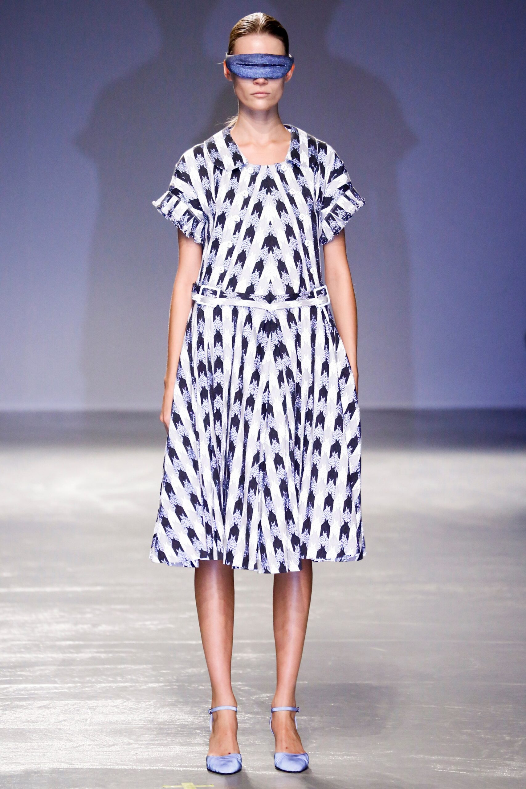 blue and white printed midi dress