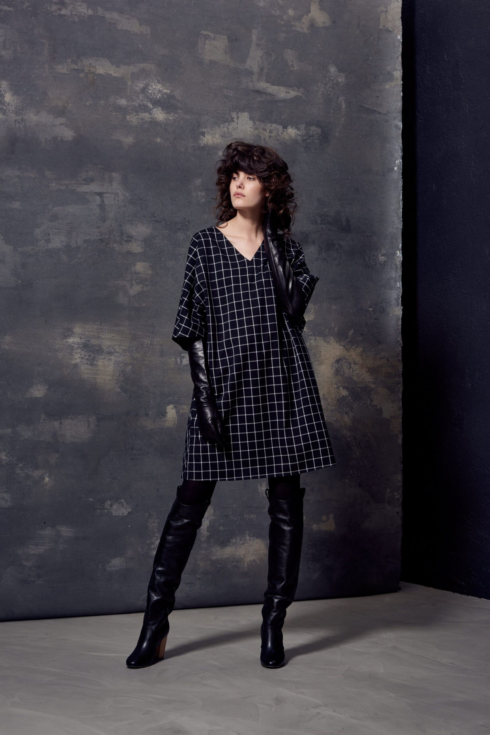 black and white checked dress with gloves and boots