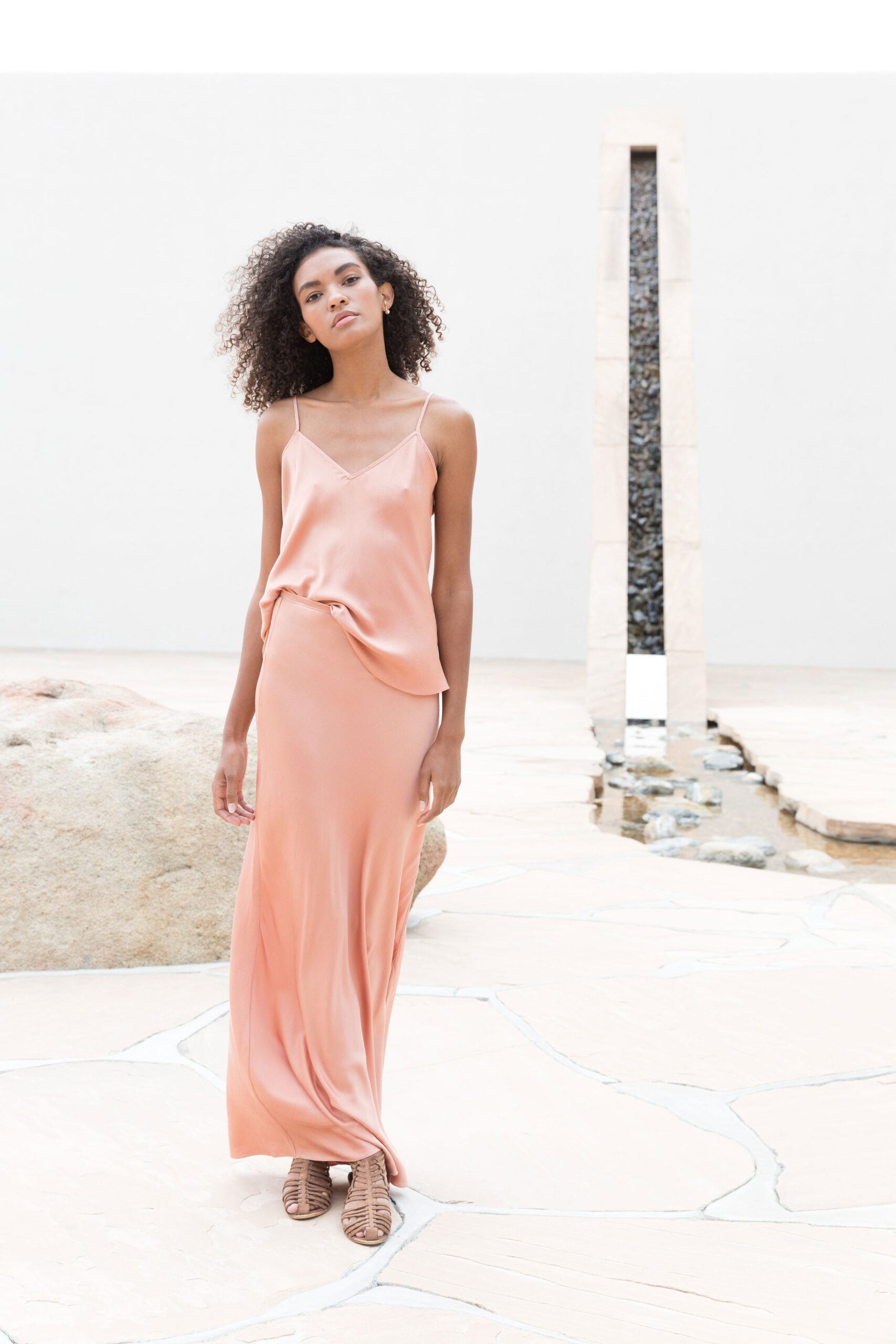 fitted peach silk maxi dress