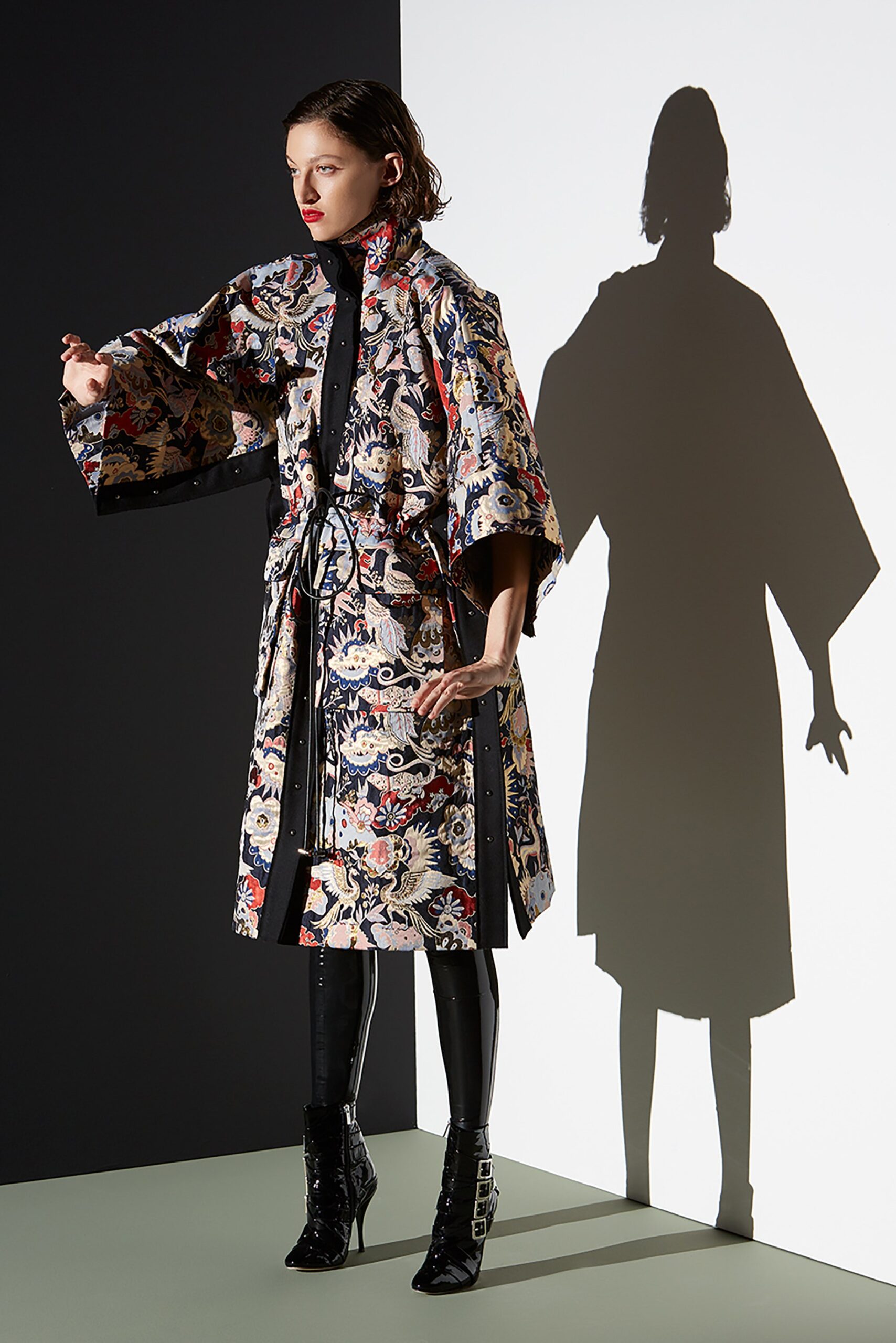 multi silk long-sleeve collared relaxed embroidered belted coat