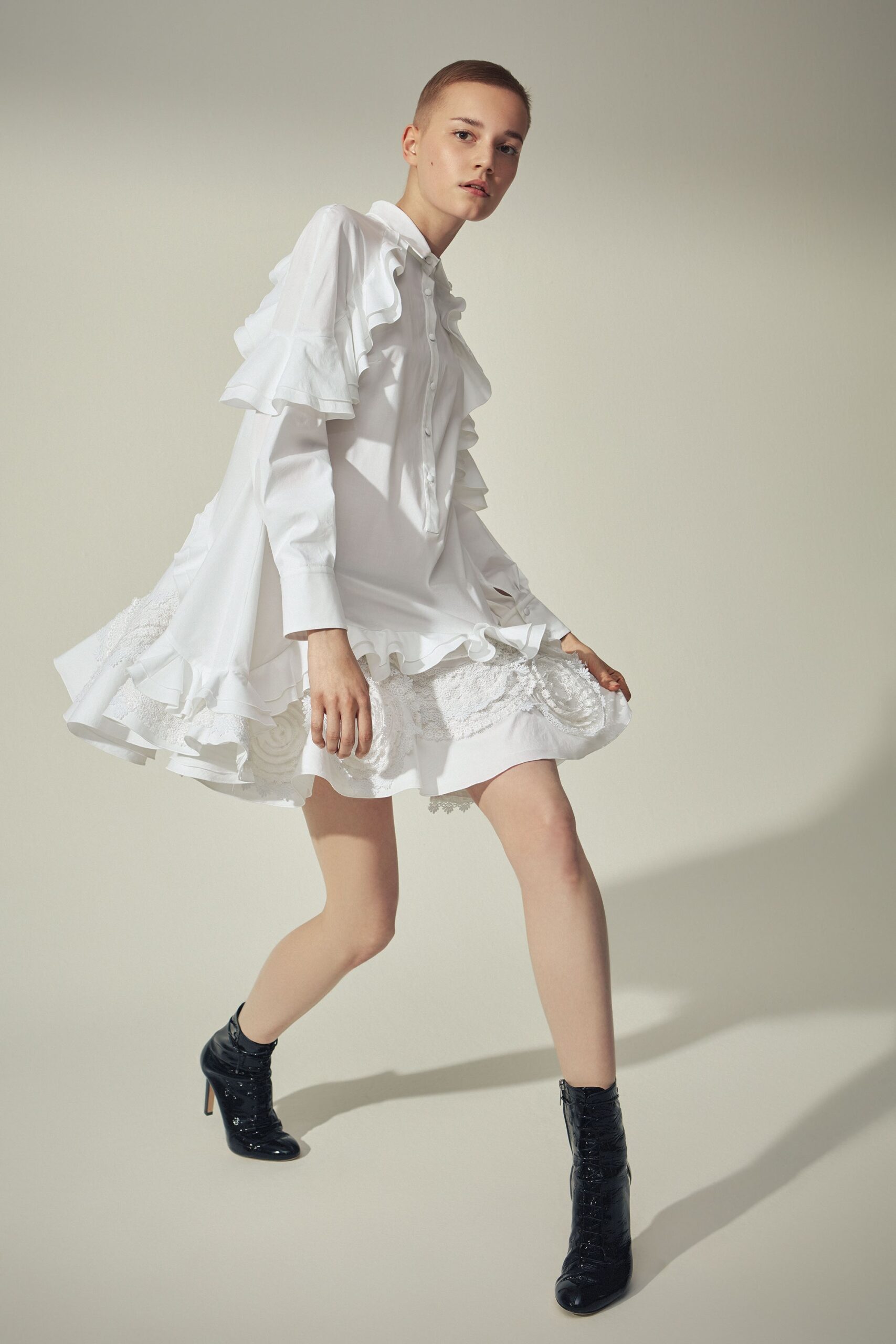 white ruffled mini dress