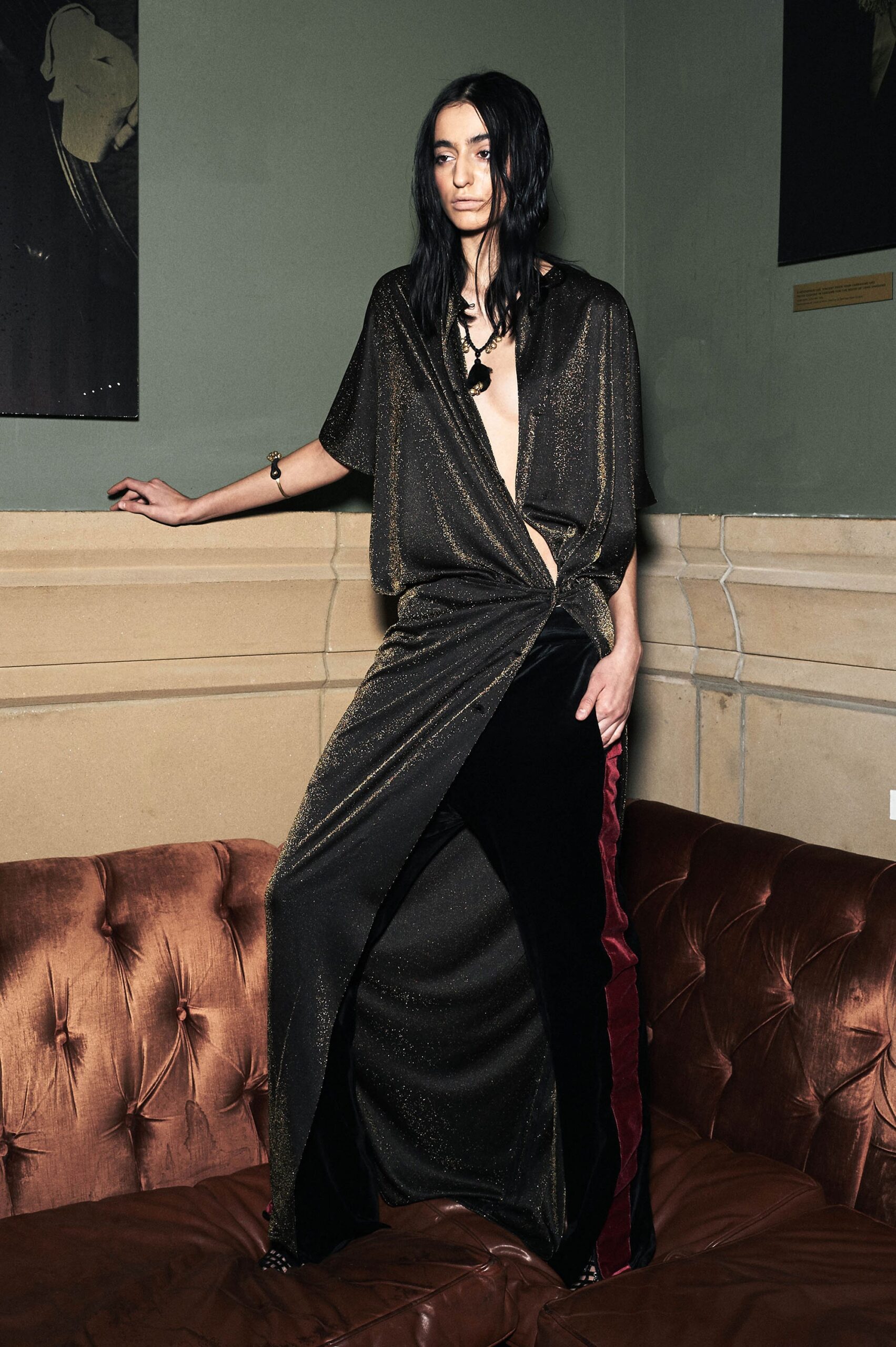 black and gold draped midi dress