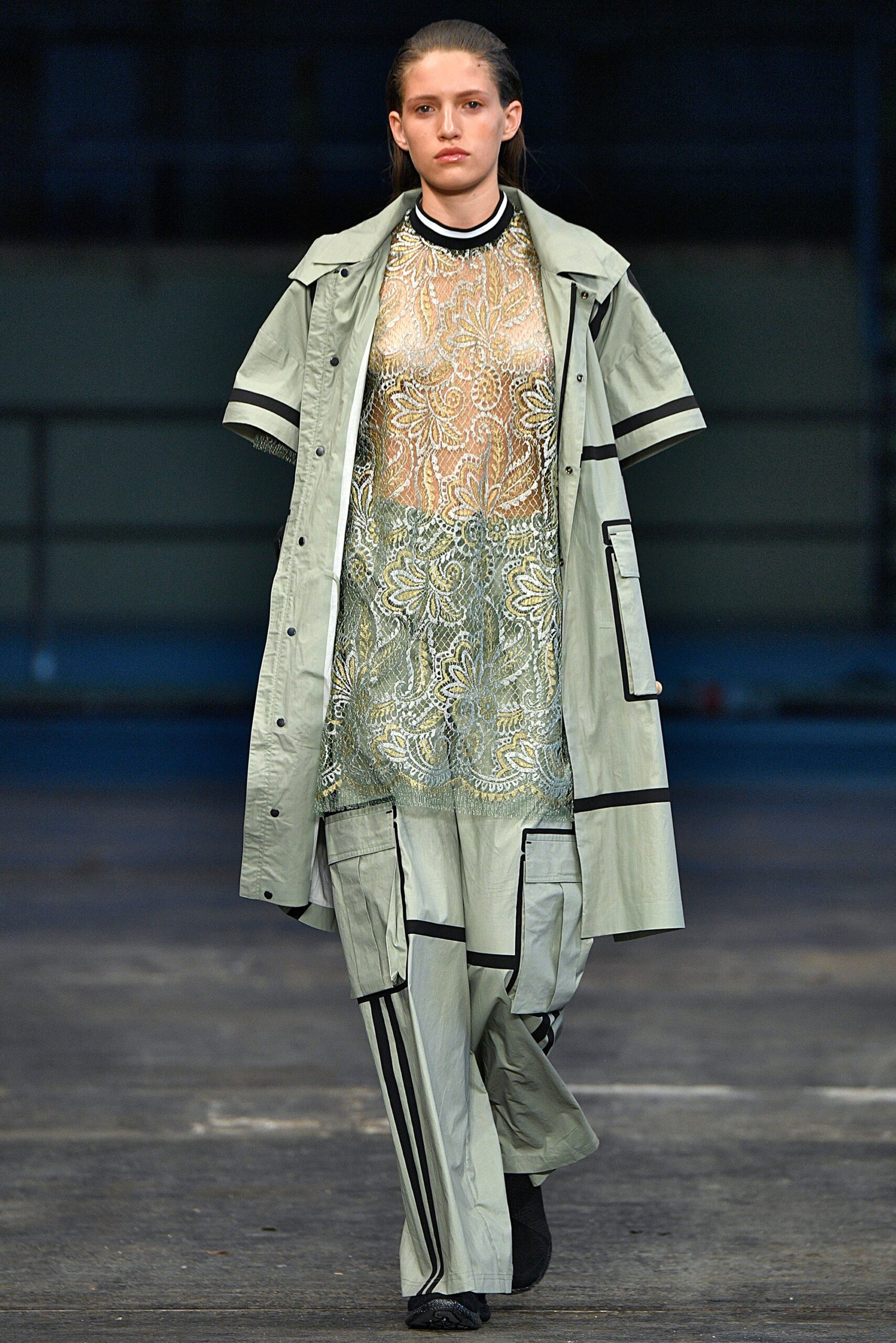 green coat beige lace dress