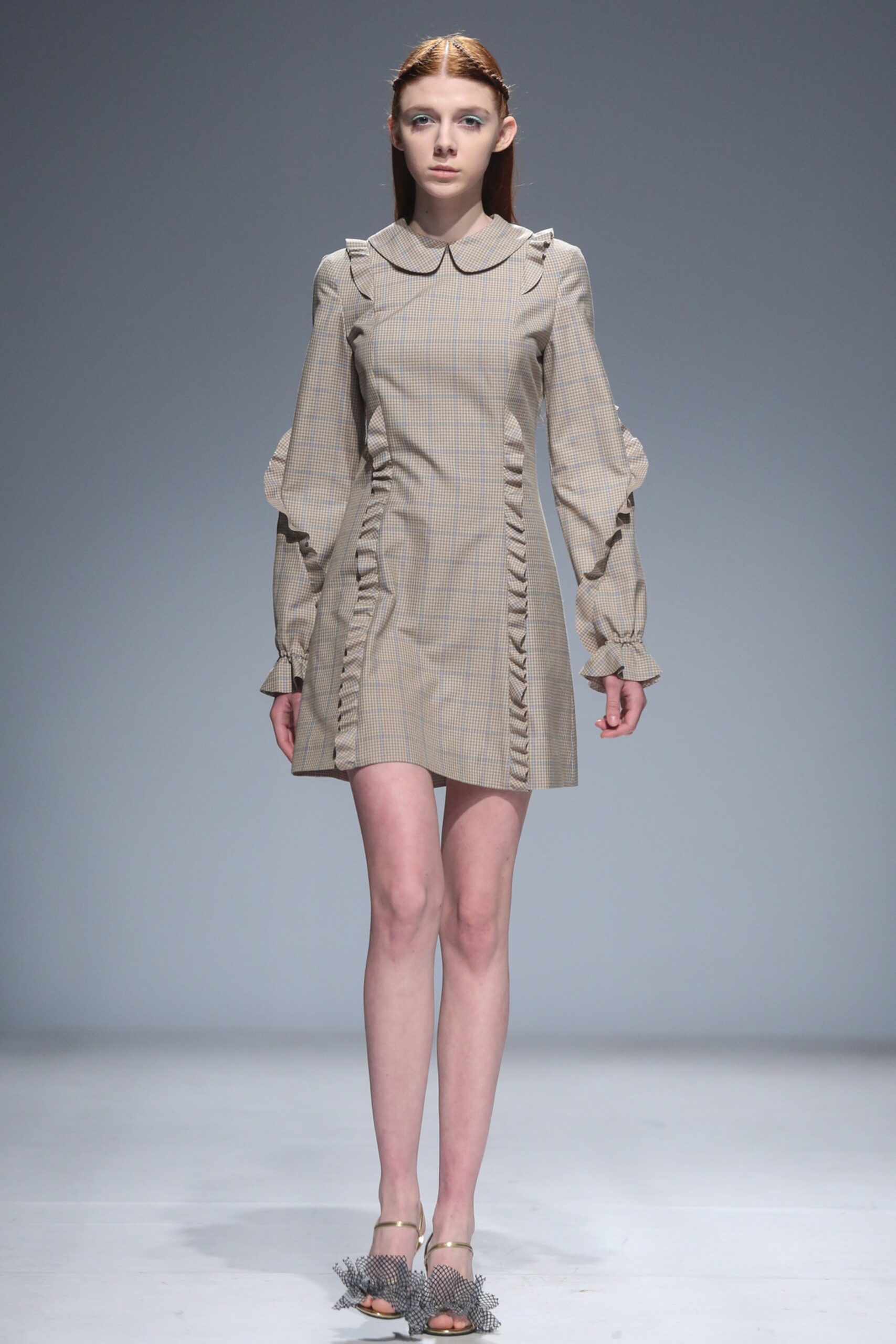 beige fitted long-sleeve dress