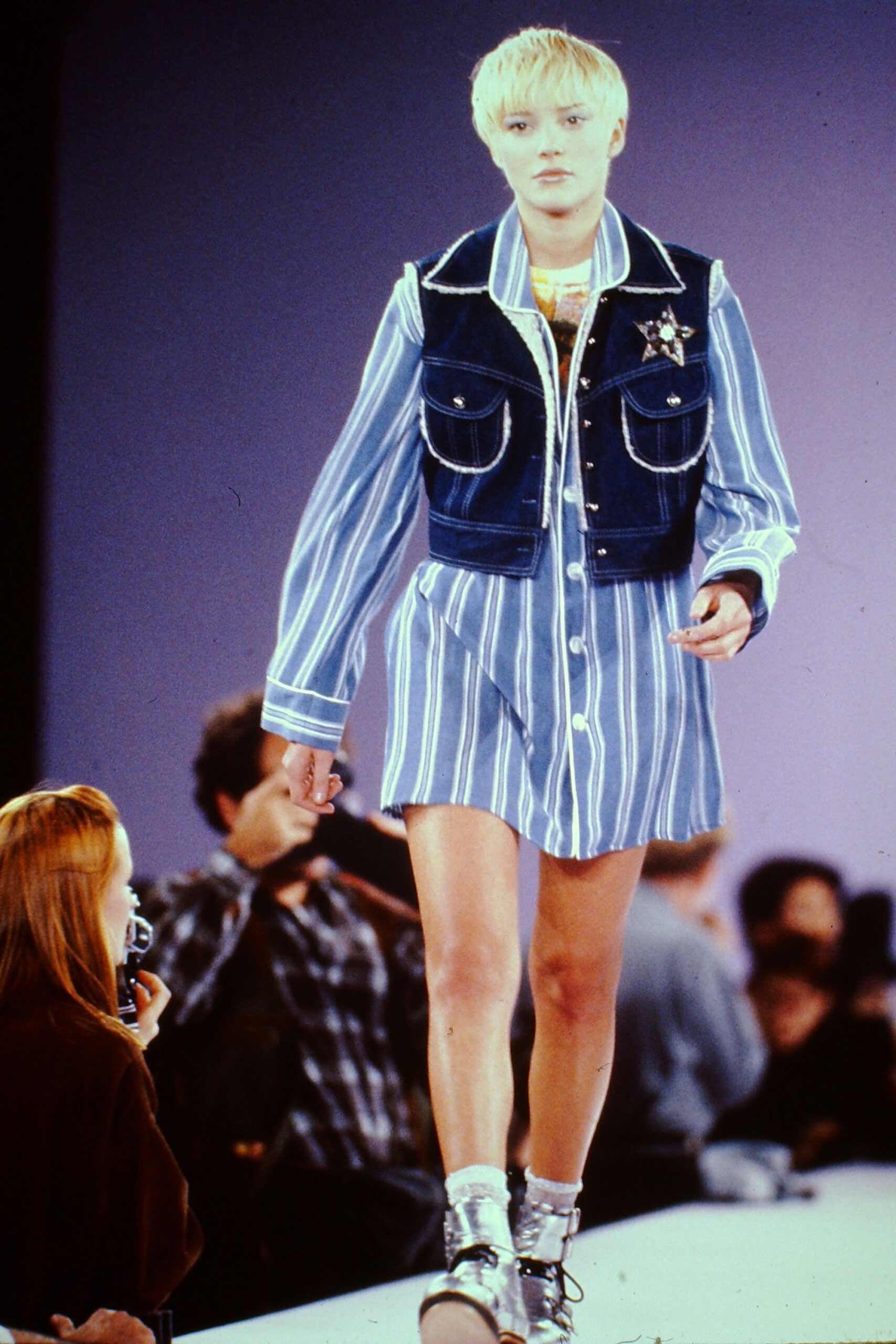 blue striped denim dress with vest