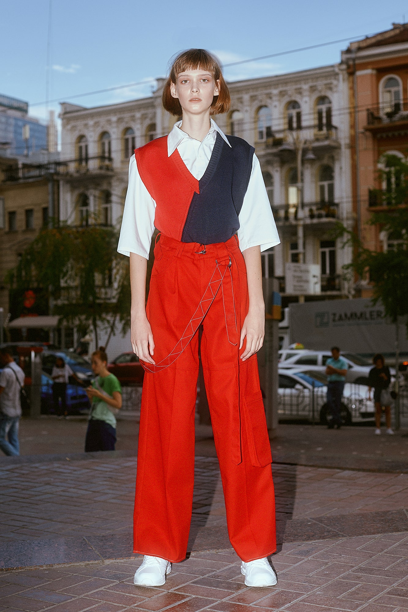 color-blocked top with tailored pants