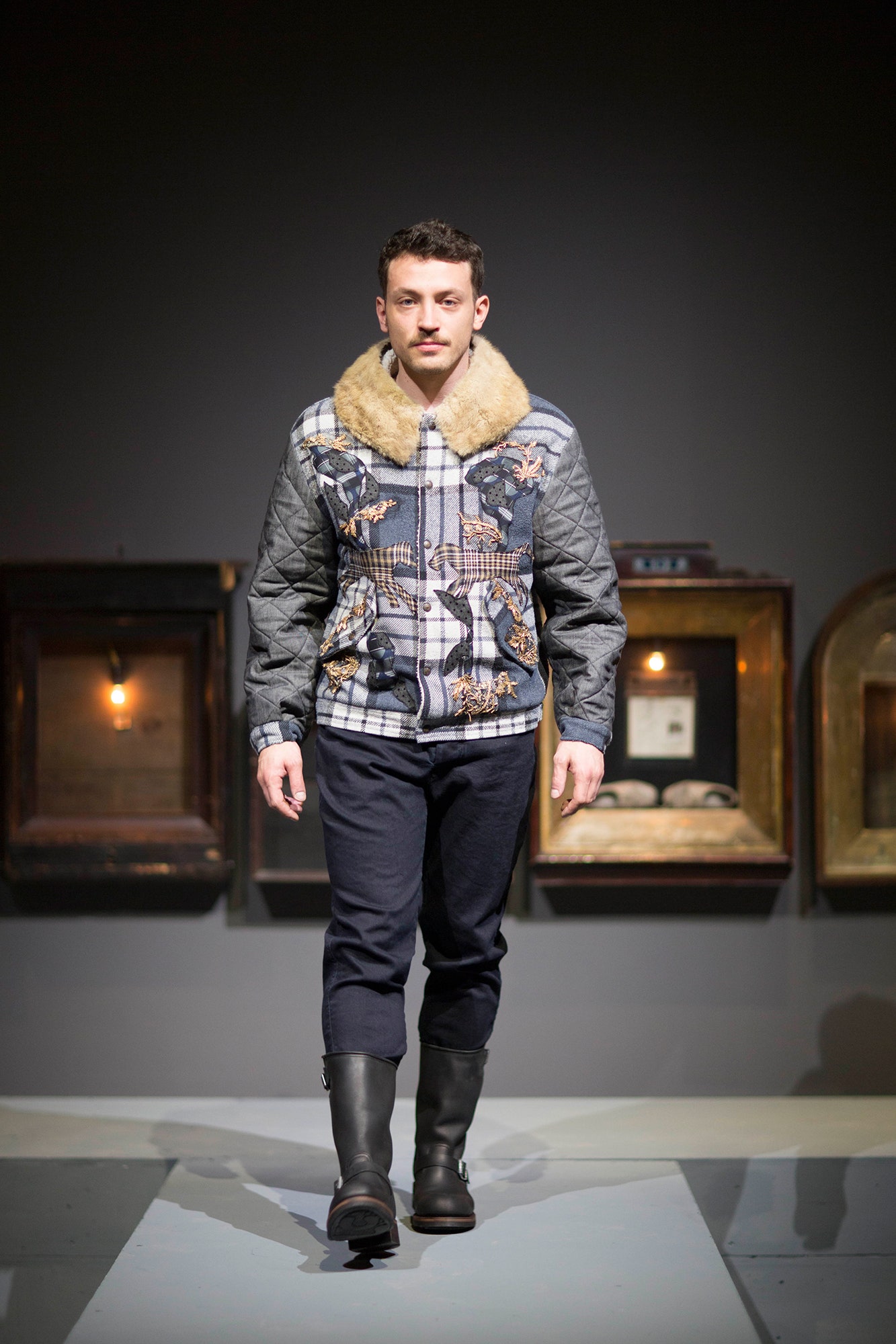 gray cotton long-sleeve collared fitted embroidered zippered jacket