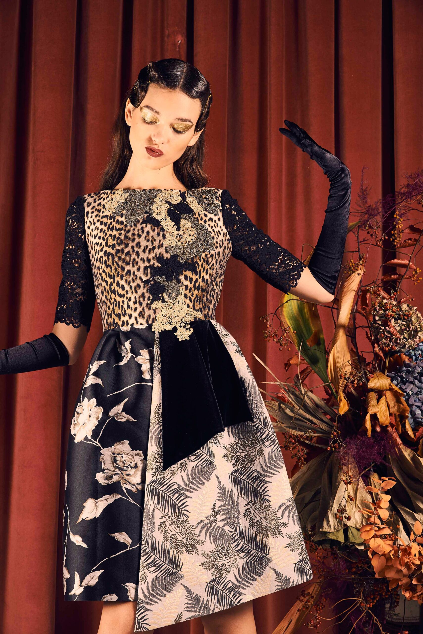 midi dress with lace and velvet
