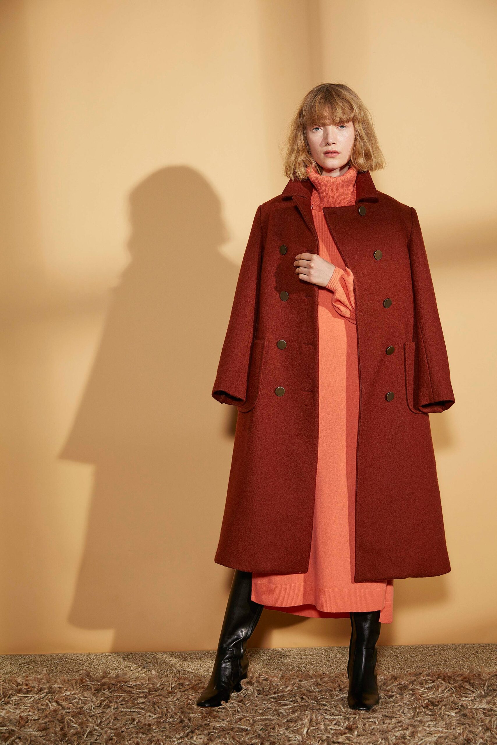 orange cotton long-sleeve high-neck fitted straight-leg dress