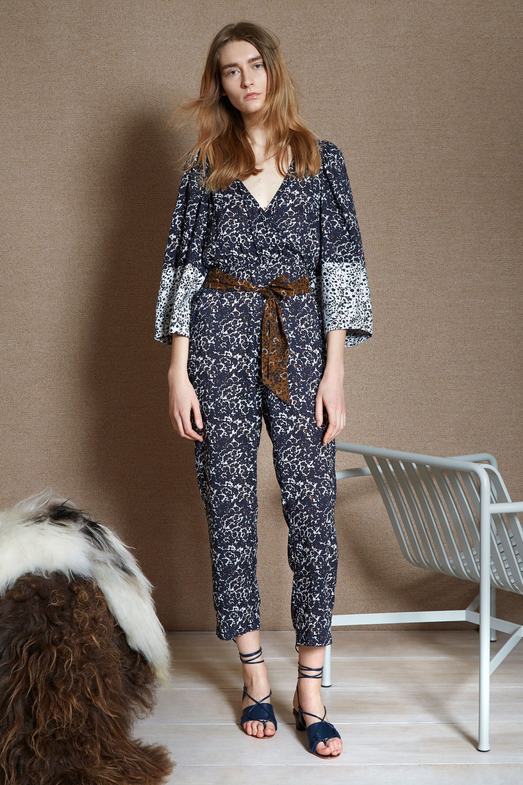 blue and white patterned jumpsuit