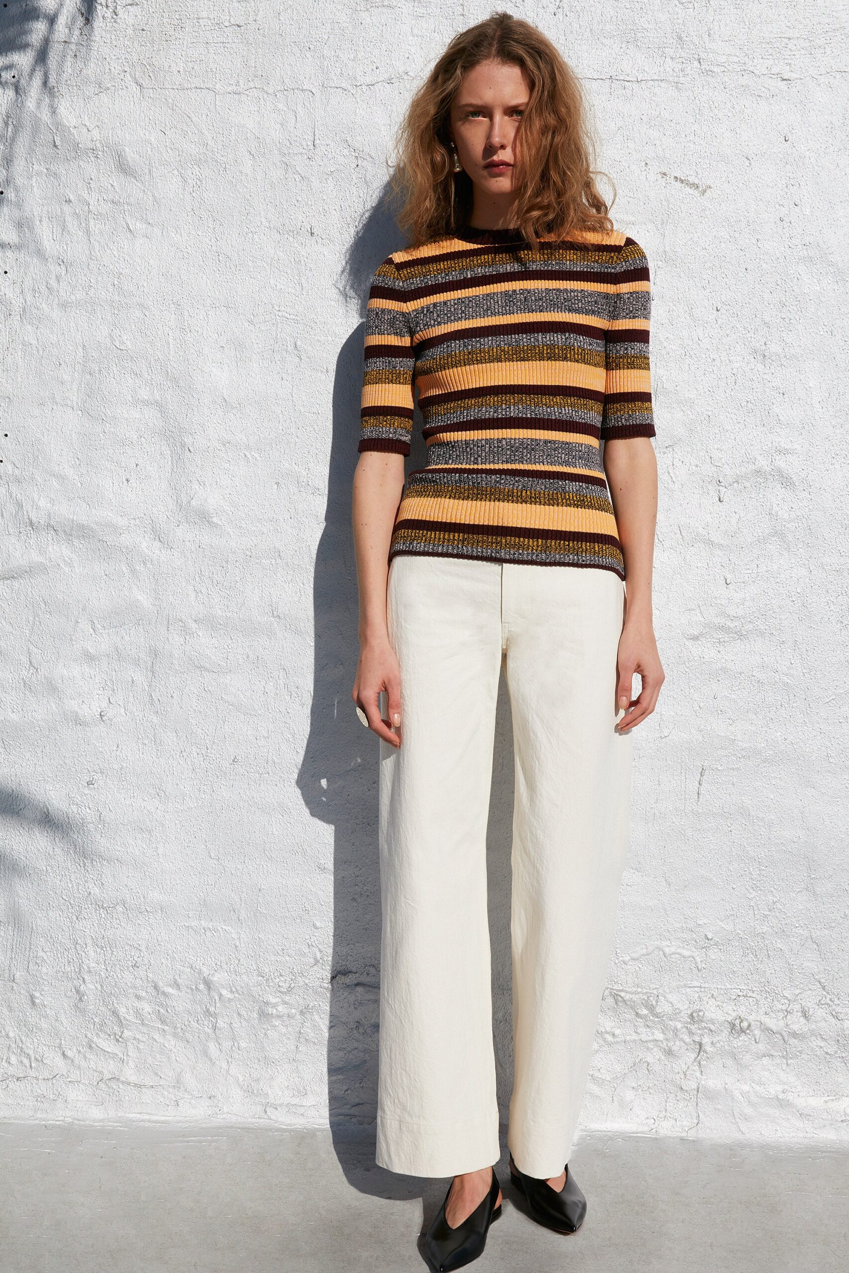 striped fitted top and relaxed pants
